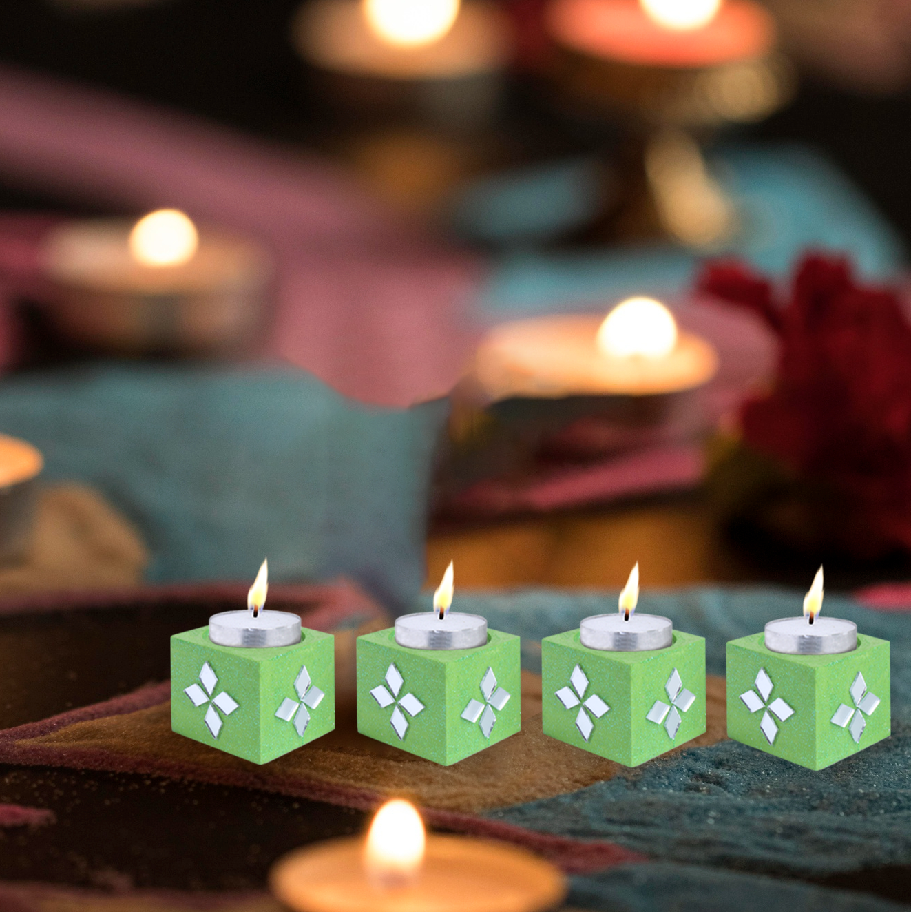 Mirror Art Tealight Holder Florista Green 1.5inch  - 4Pc - (Tealight Candle Included)