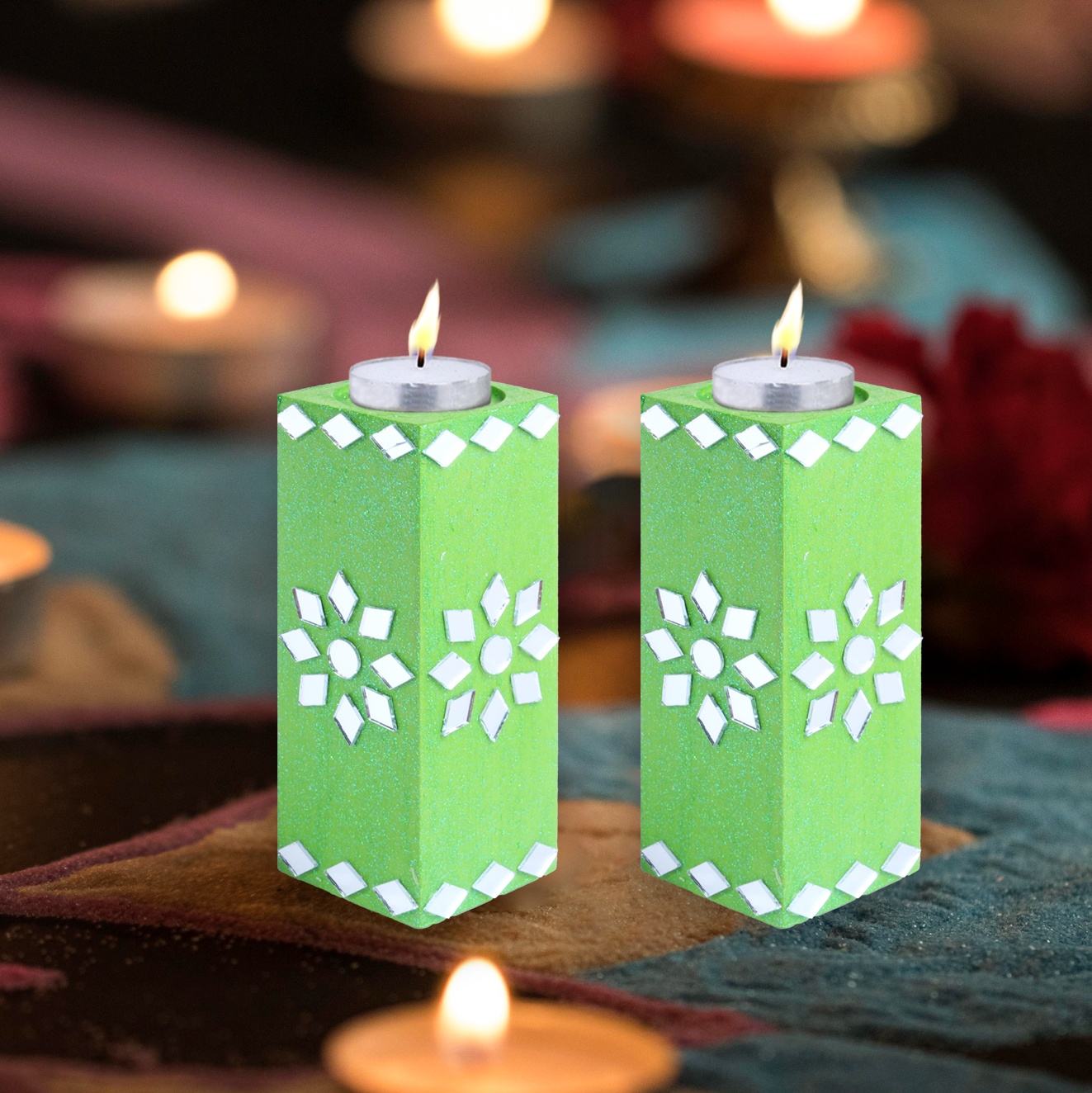 Mirror Art Tealight Holder Florista Green 5inch  - 2Pc - (Tealight Candle Included)