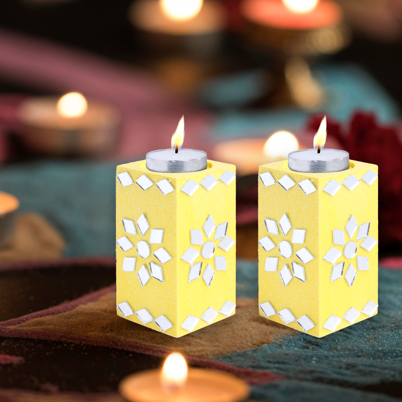 Mirror Art Tealight Holder Florista Yellow 3.5inch  - 2Pc - (Tealight Candle Included)