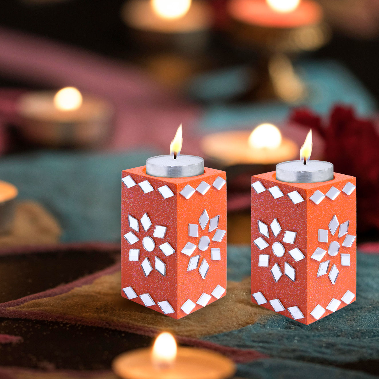 Mirror Art Tealight Holder Florista Orange 3.5inch  - 2Pc - (Tealight Candle Included)