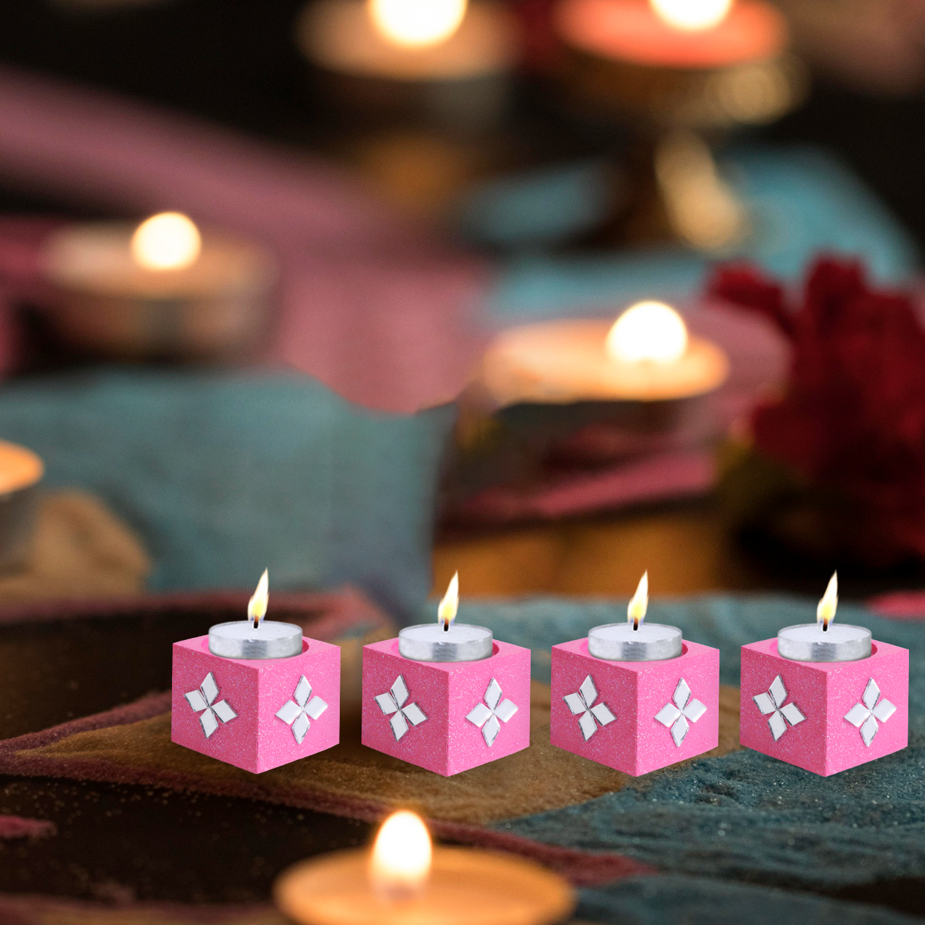 Mirror Art Tealight Holder Florista Pink 1.5inch  - 4Pc - (Tealight Candle Included)