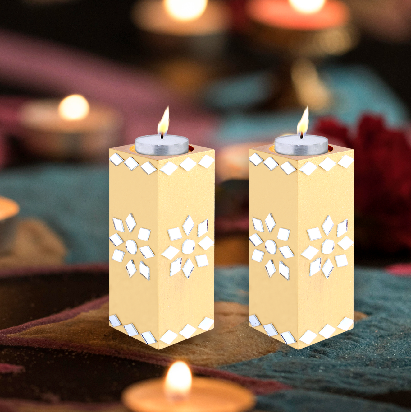 Mirror Art Tealight Holder Florista Gold 5inch  - 2Pc - (Tealight Candle Included)