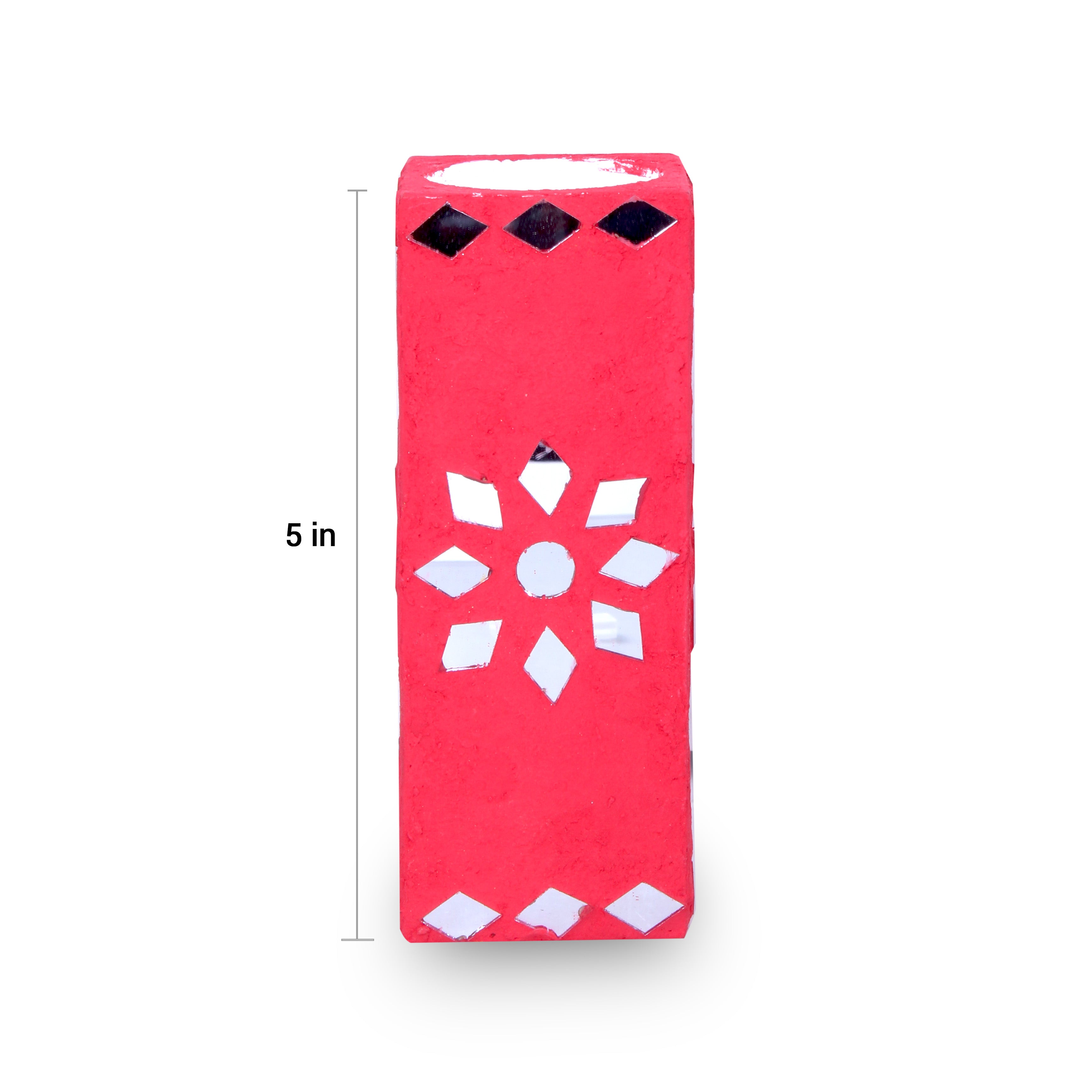 Mirror Art Tealight Holder Red 5inch 1pc ( Candle Included 1pc)