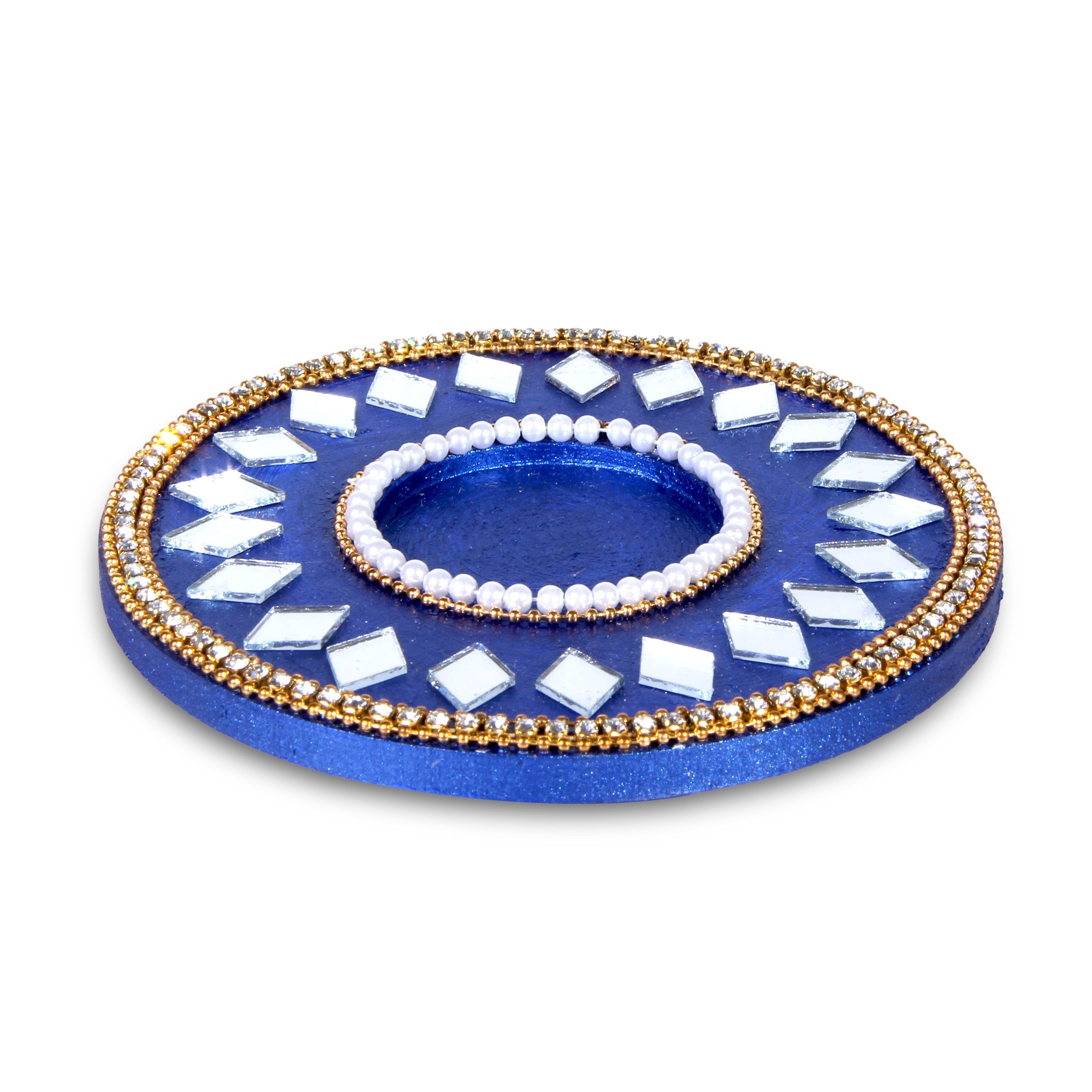 Mirror Work Tealight Holder Diamond Delight Blue 4in Dia 5.5mm Thick 1pc ( Candle Included 1pc)