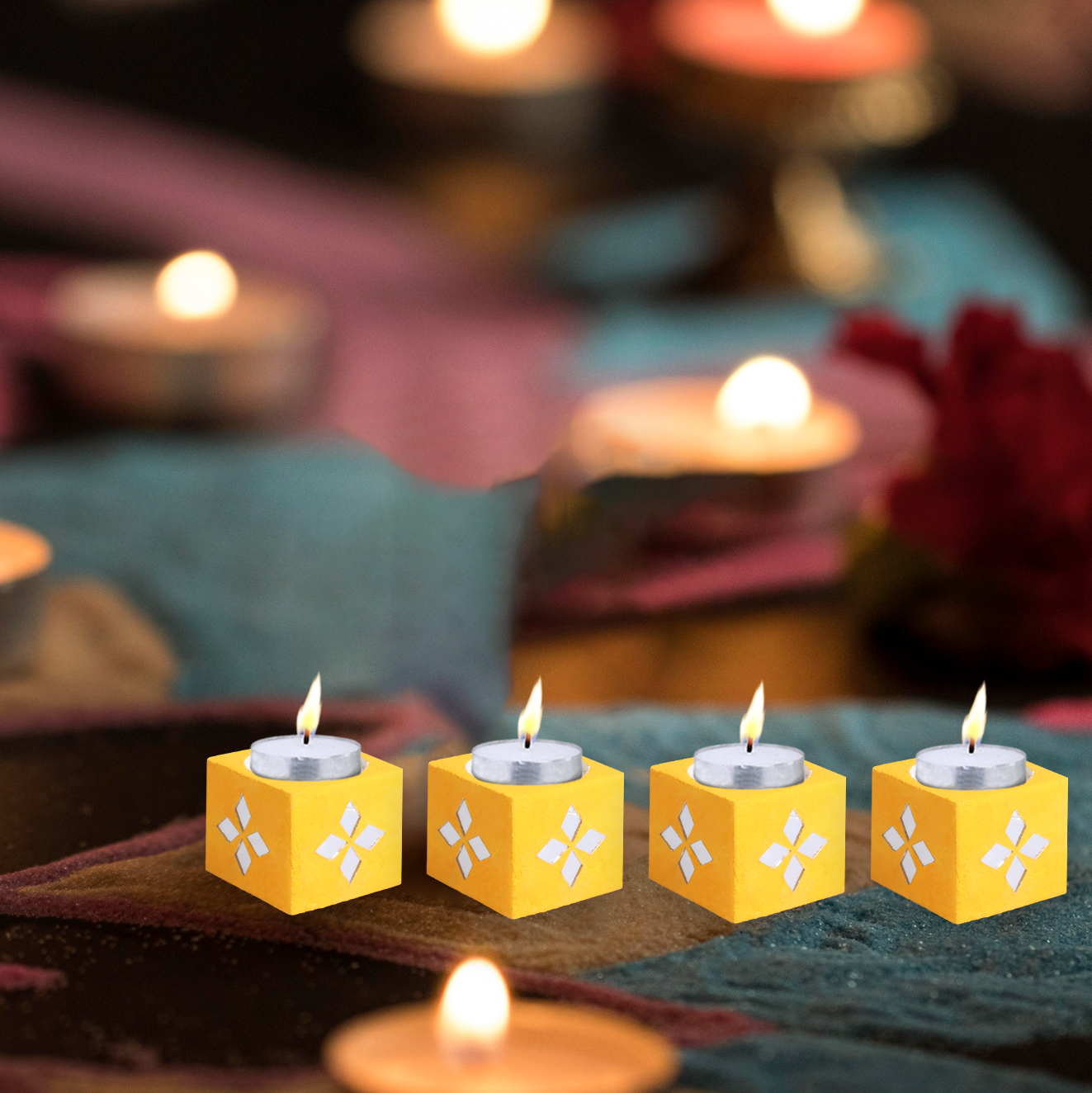 Mirror Art Tealight Holder Bright Yellow 1.5inch  - 4Pc - (Tealight Candle Included)