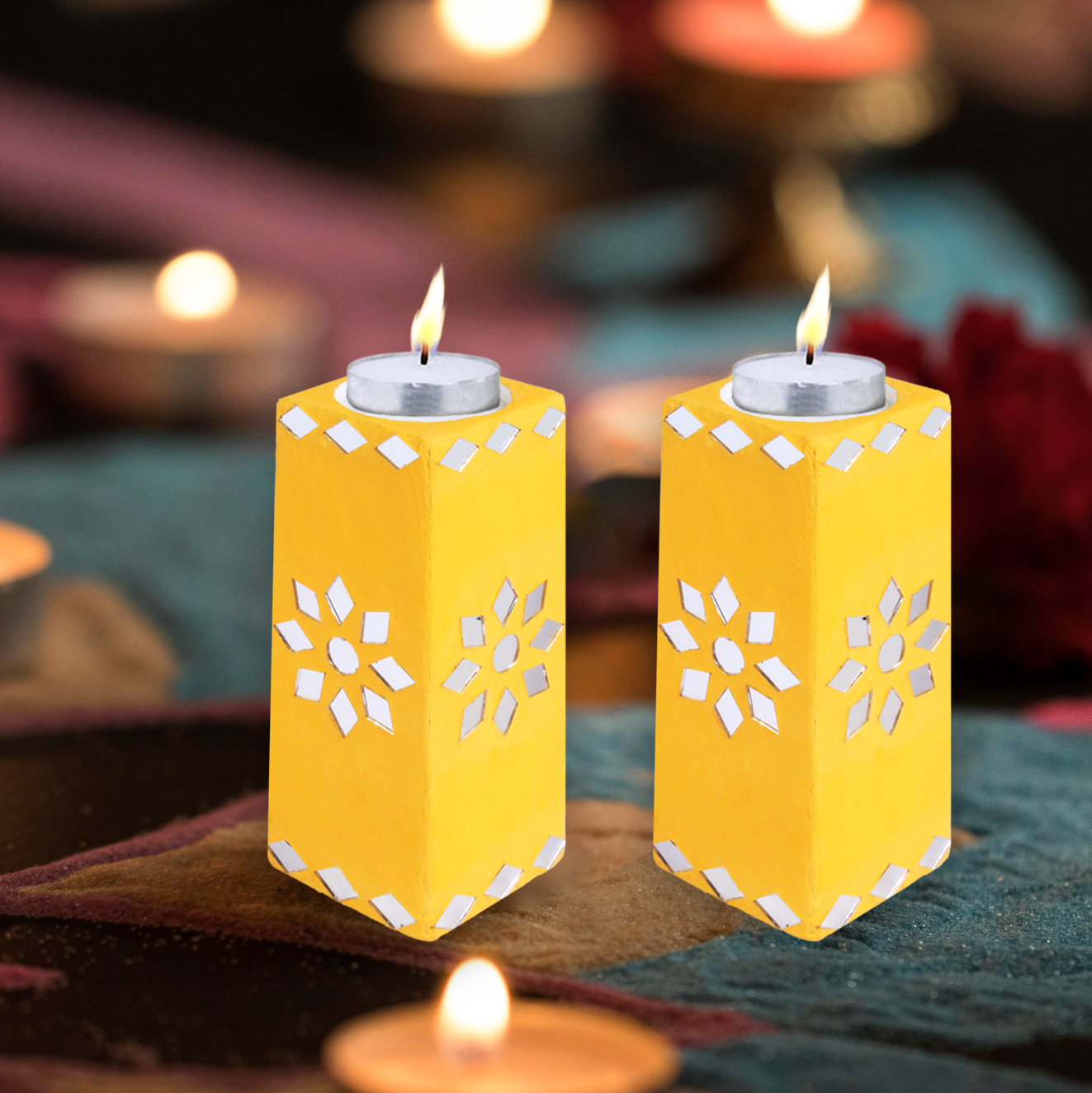 Mirror Art Tealight Holder Bright Yellow 5inch  - 2Pc - (Tealight Candle Included)