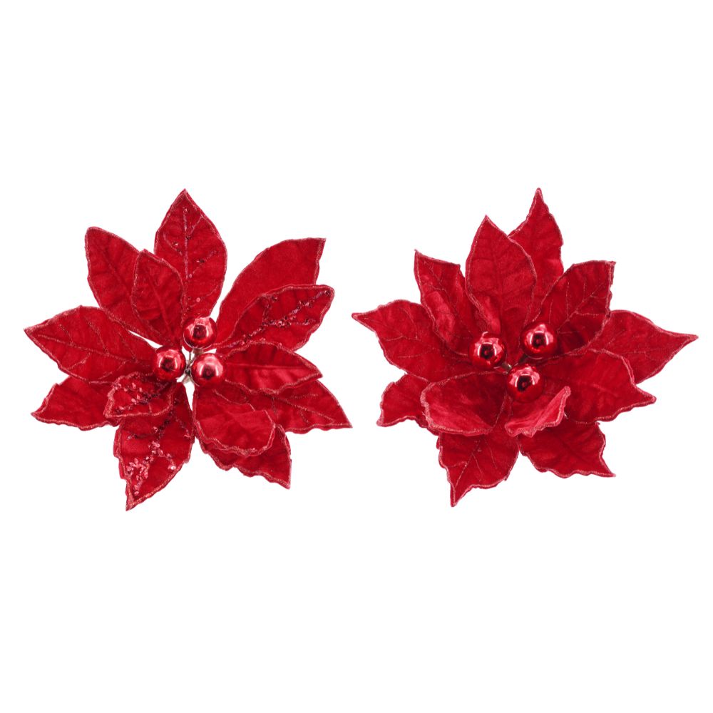 Poinsettia Red Baubles Stem with Clip 1pc