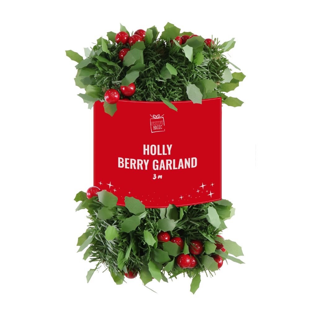 Holly Berry Garland Green Tinsel and Holly Leaves with and 12 Berry Bunches Glossy Red 3mtr