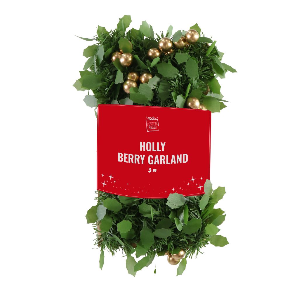 Holly Berry Garland Green Tinsel and Holly Leaves with and 12 Berry Bunches Matte Gold 3mtr