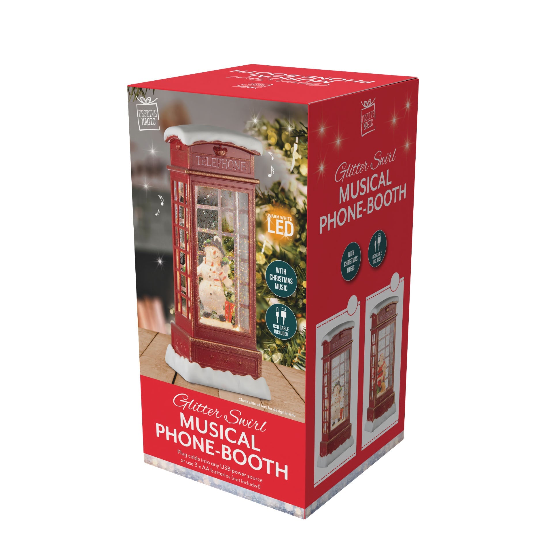 Glitter Swirl Musical Snowy Phonebooth USB and Battery Powered 15 X 15 X 29.5 Snow Man 1pc Box