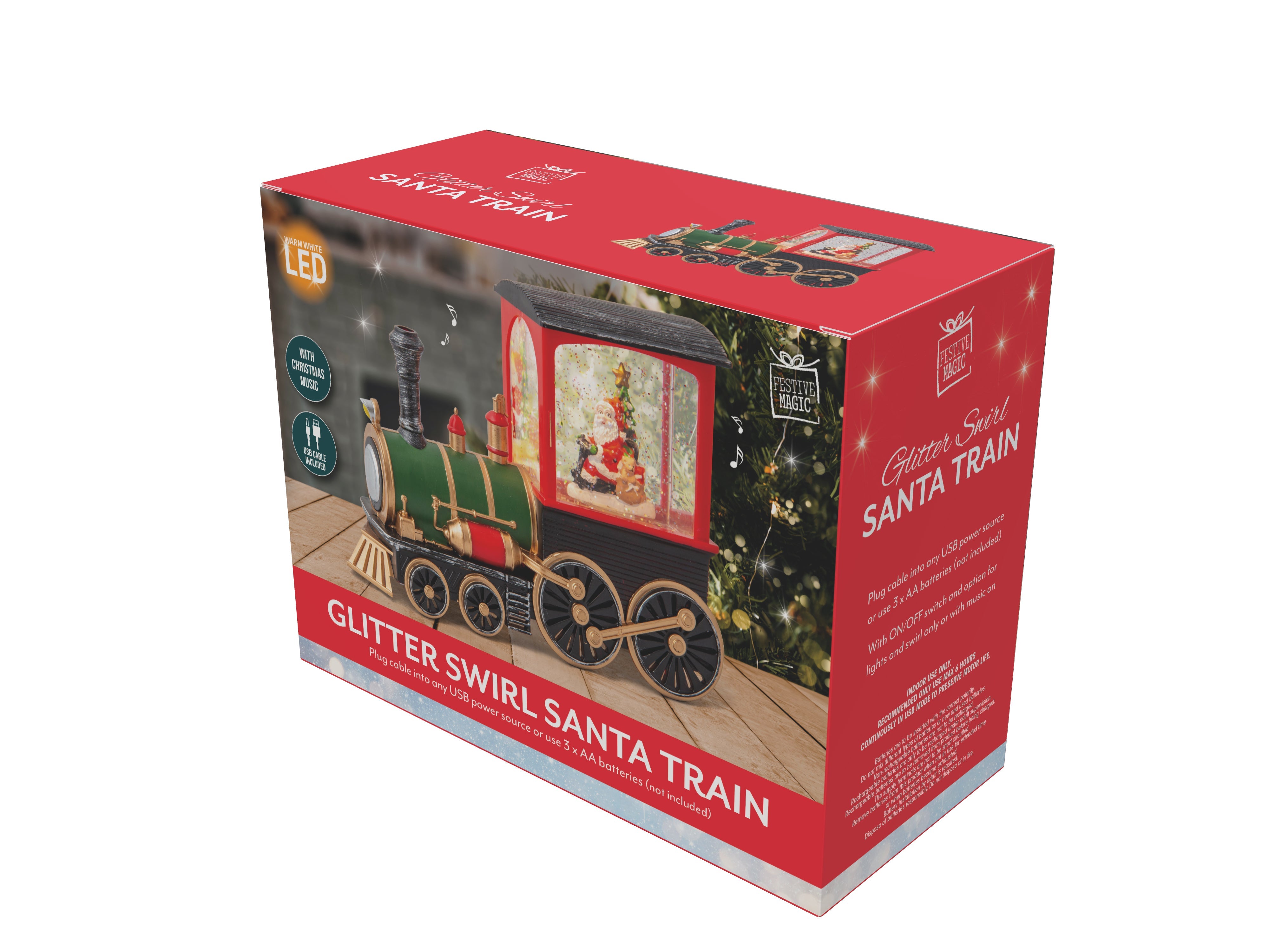 Glitter Swirl Santa Train Warm White LED USB Cable Included 1pc BOX