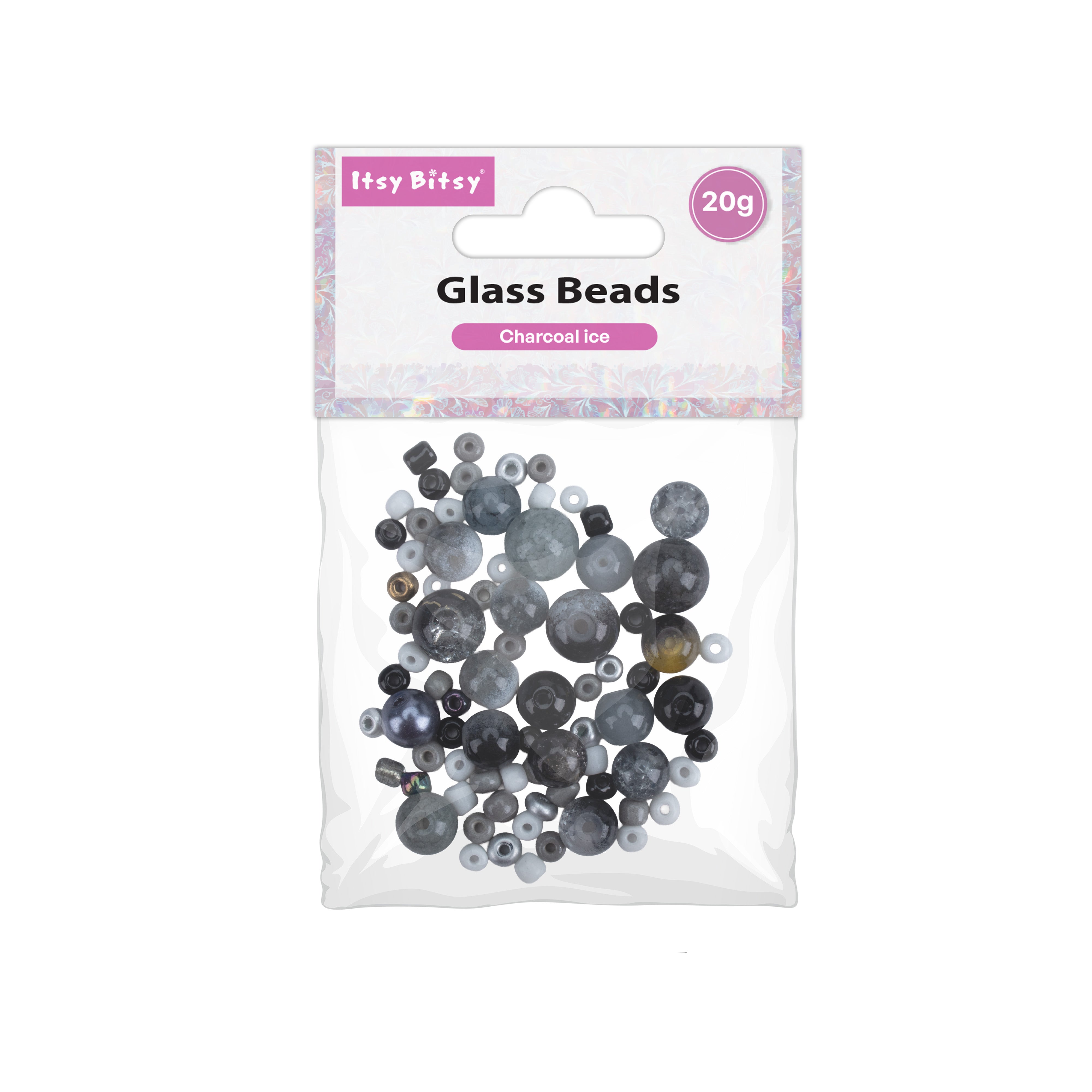 Glass Beads Assorted Sizes Charcoal Ice 20gm PBHC IB