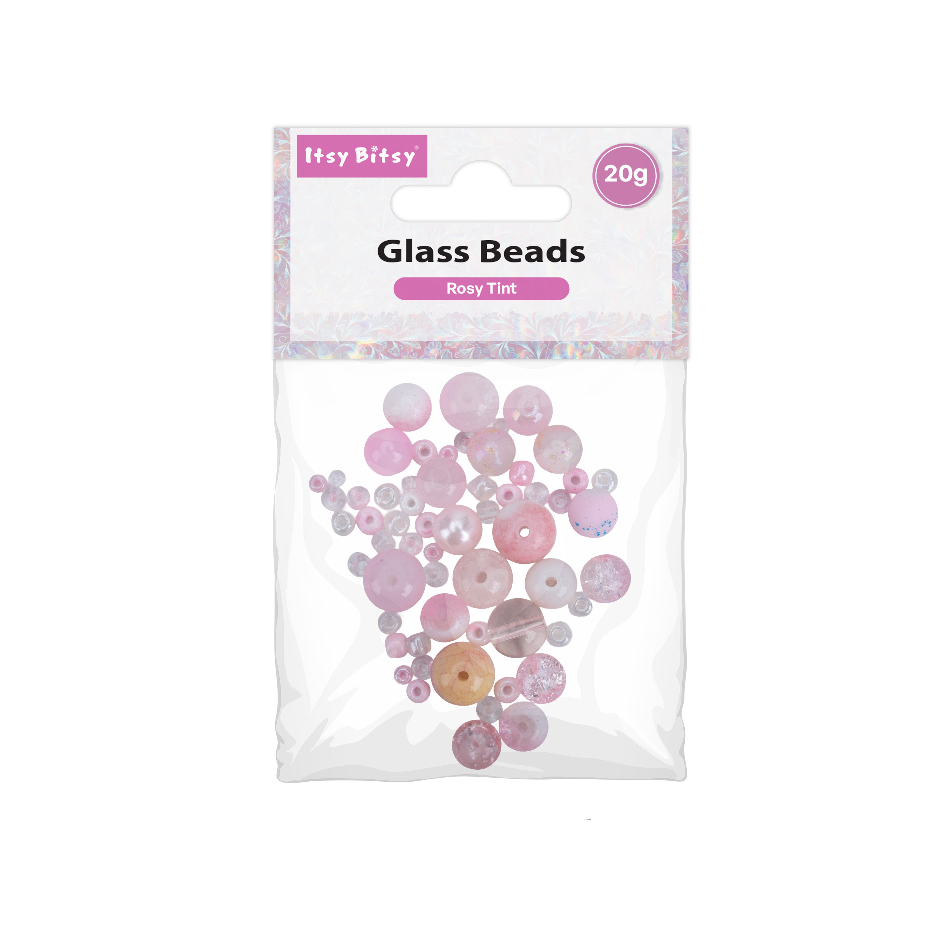 Glass Beads Assorted Sizes Rosy Tint 20gm PBHC IB