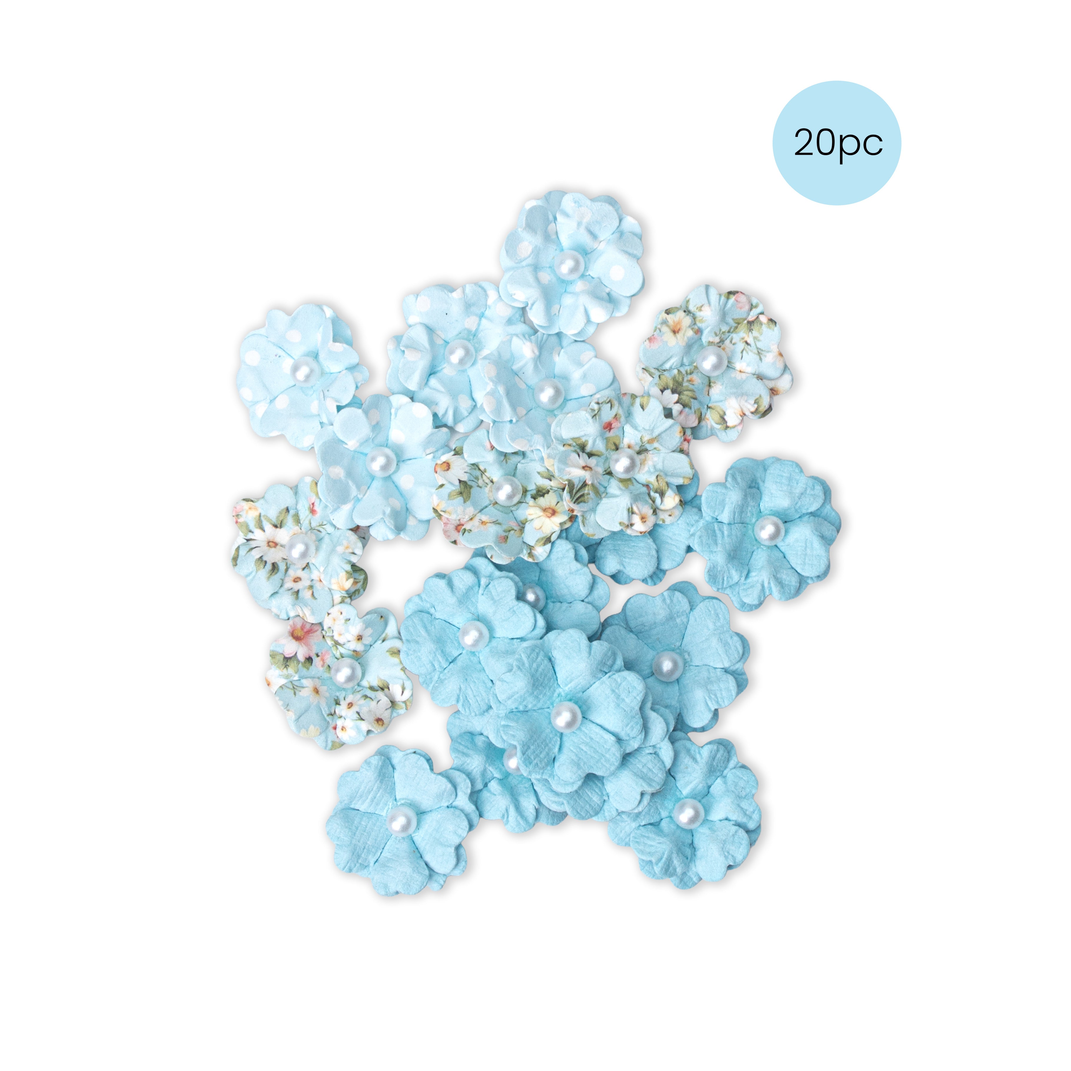 Handmade Printed Paper Flowers Lucile Blue Symphony 20pc