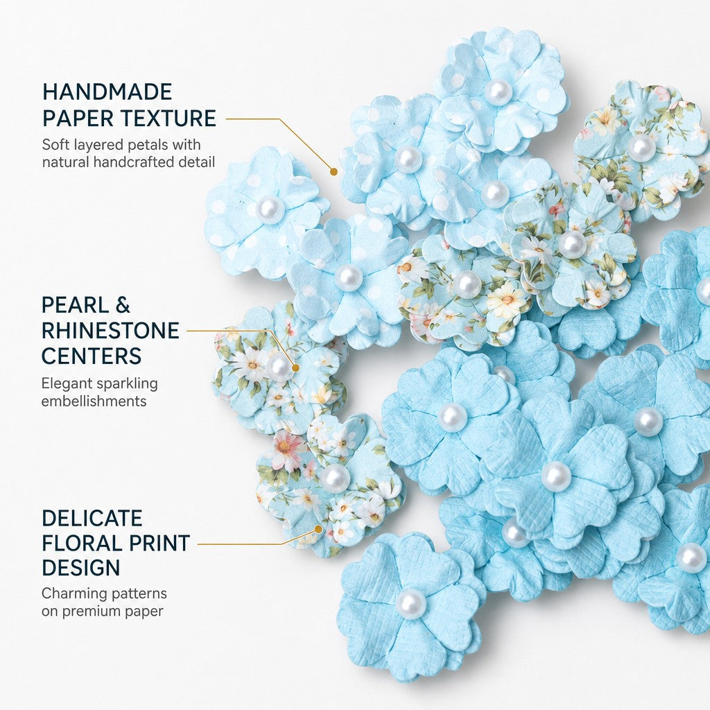 Handmade Printed Paper Flowers Lucile Blue Symphony 20pc