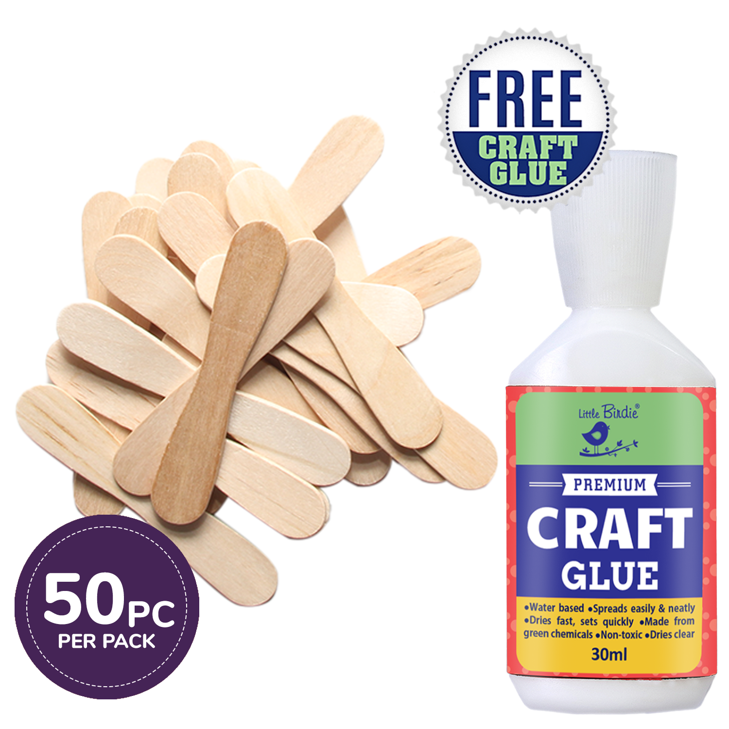 Ice Cream Flat Spoon Sticks Natural 94 X 17 X 2mm 50pc With 30Ml Glue