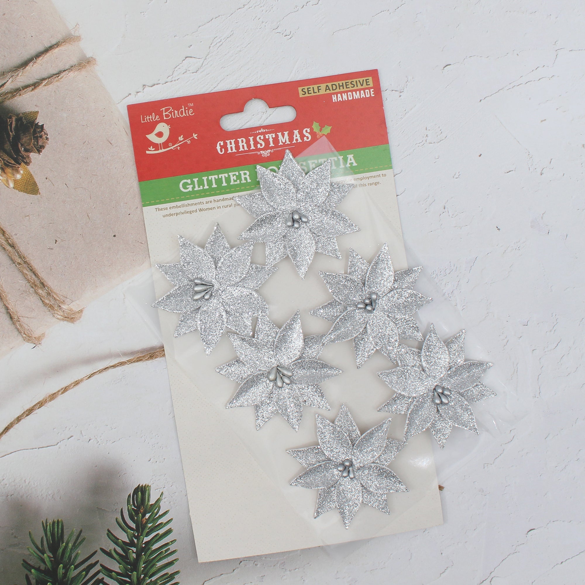 Christmas 5 Petal Poinsettia With Pollen Silver 6Pc