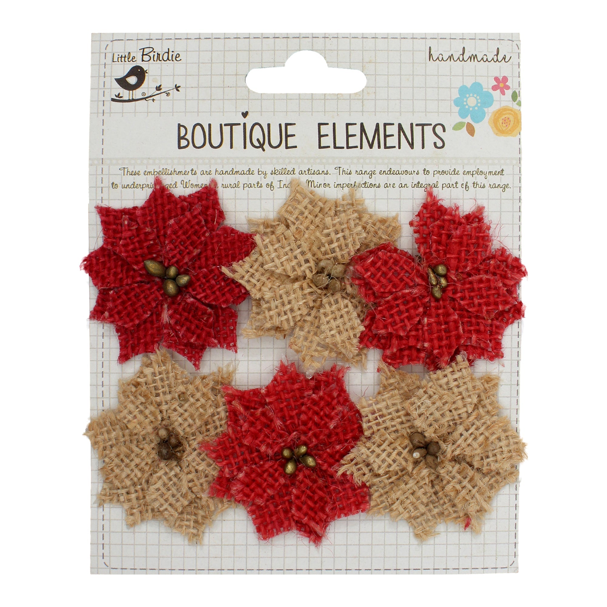 Christmas Burlap Poinsettia Natural & Red 6Pcs