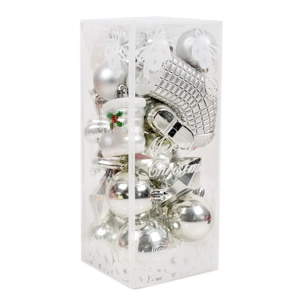 Christmas Tree Decoration Baubles, Stocking & Tree Mix Silver Acetate Box