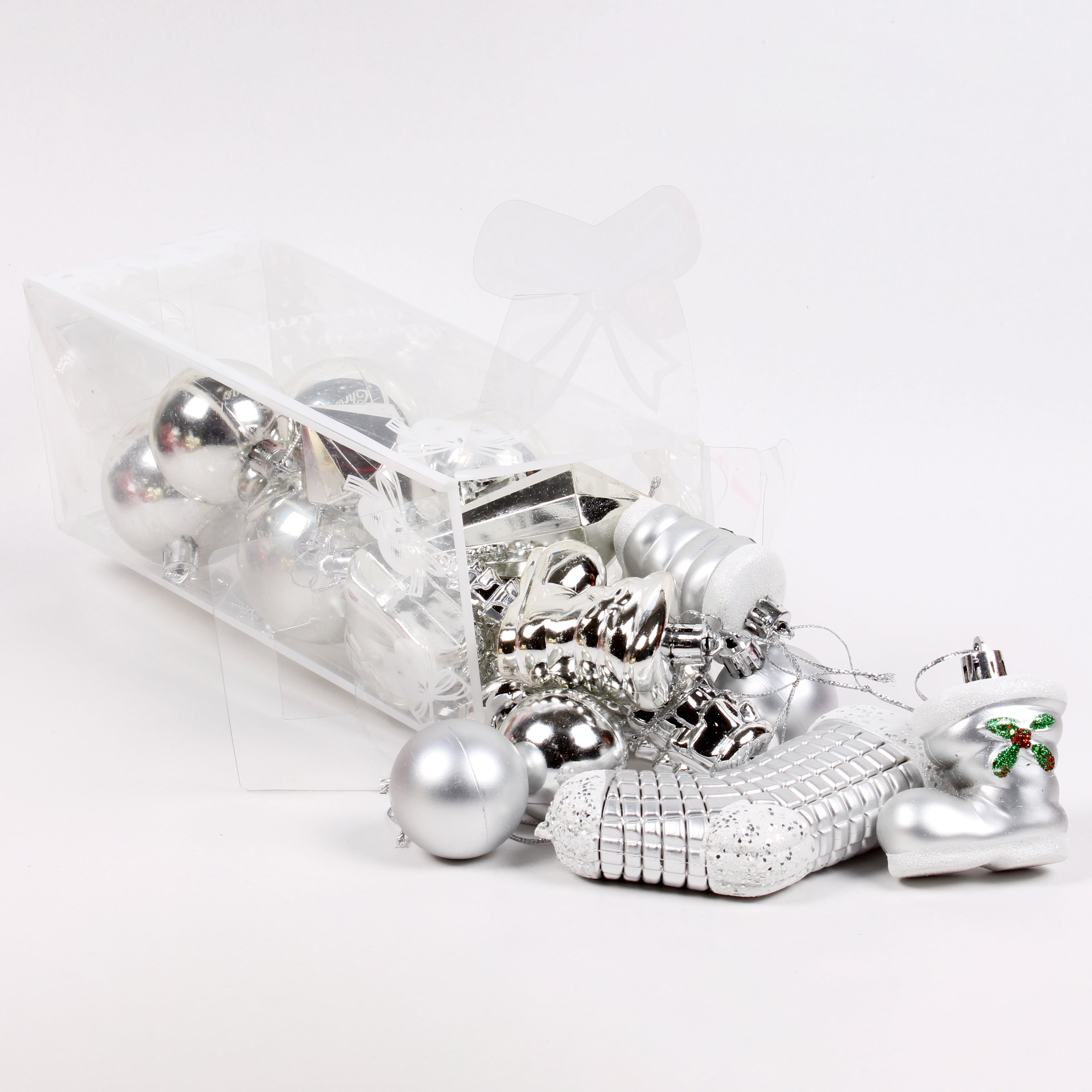Christmas Tree Decoration Baubles, Stocking & Tree Mix Silver Acetate Box