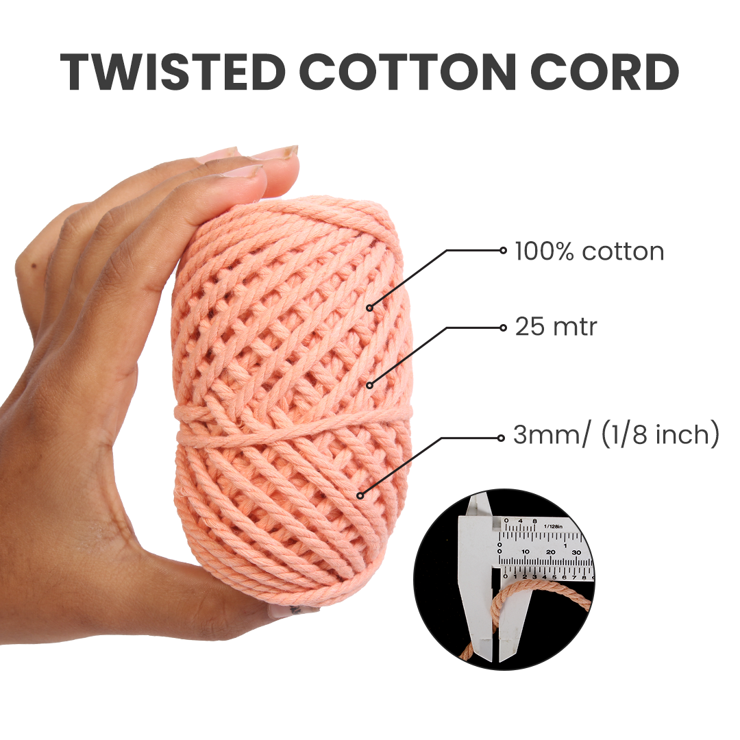 Macrame Cotton Twisted Cord - Peach 3mm 3Ply 25Mtr 1Roll