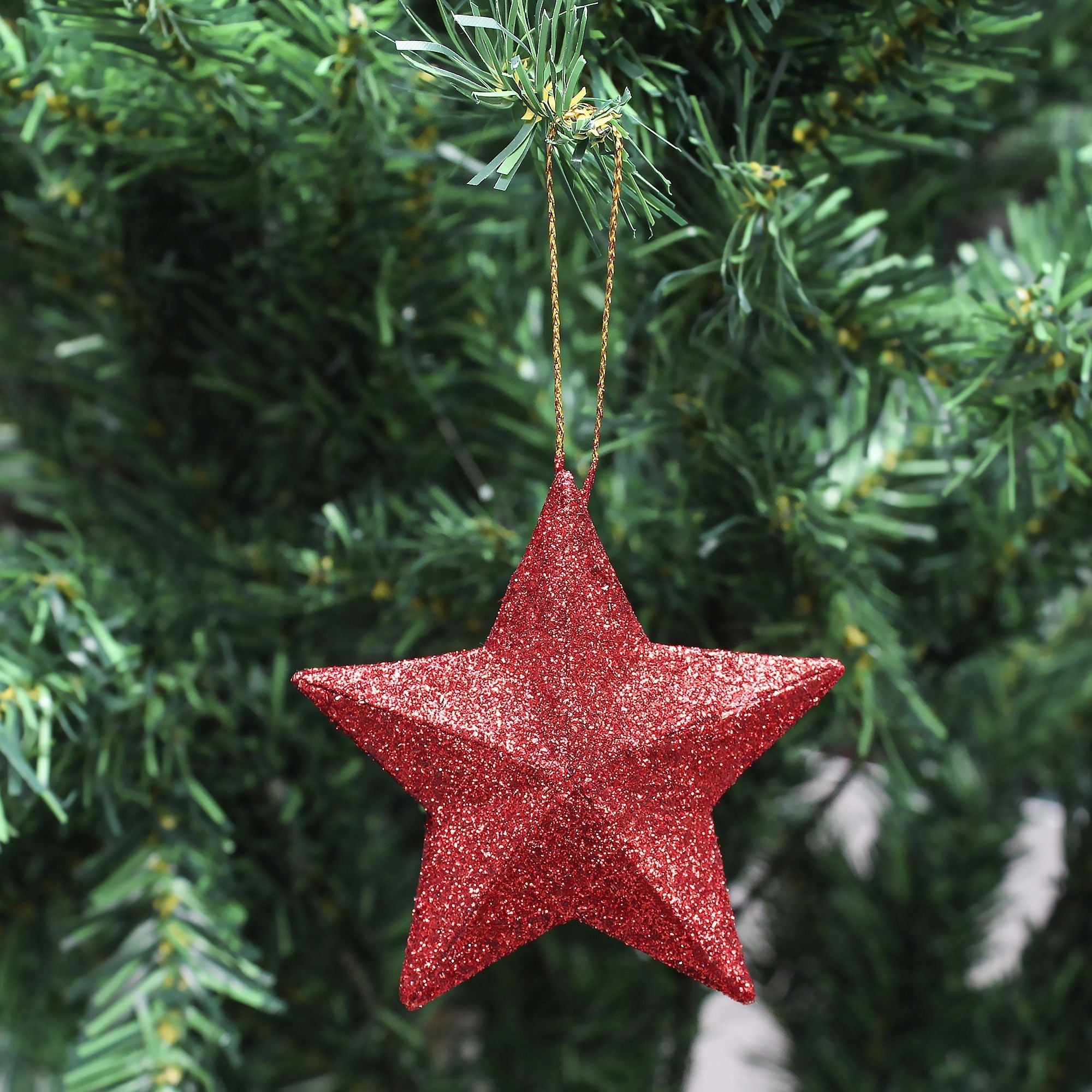 Handmade Christmas Ornaments - 3D Glitter Stars, 2.5inch, Red, 6pc