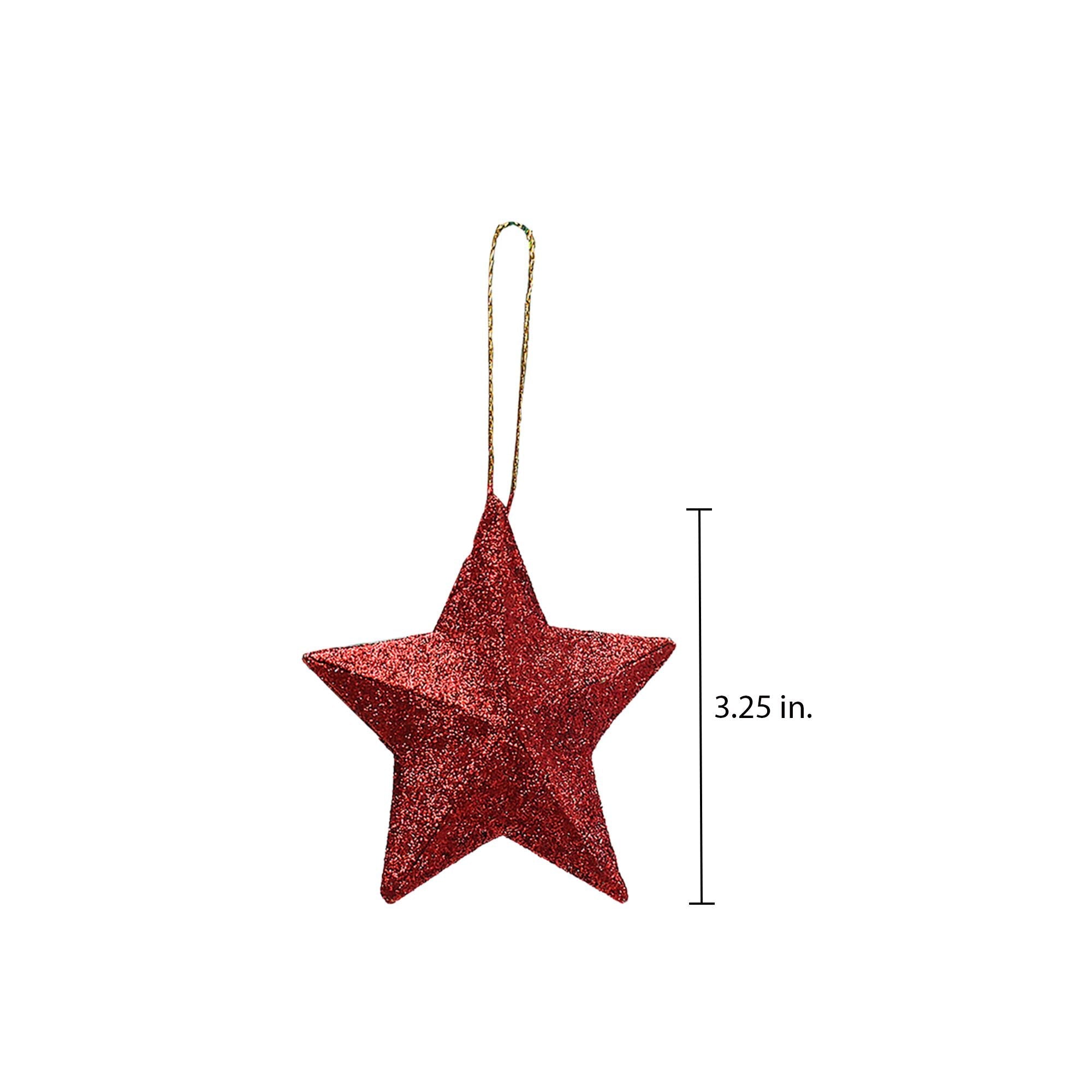 Handmade Christmas Ornaments - 3D Glitter Stars, 3.25inch, Red, 4pc