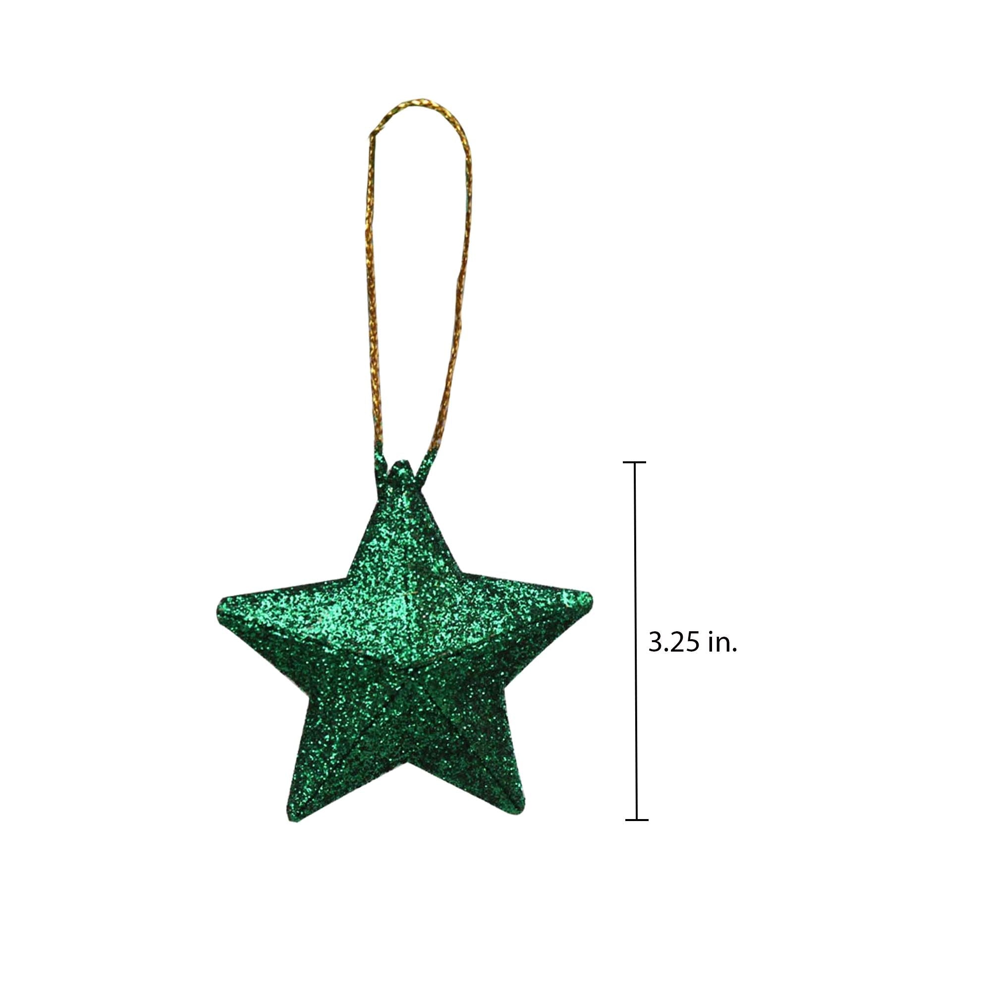 Handmade Christmas Ornaments - 3D Glitter Stars, 3.25inch, Green, 4pc