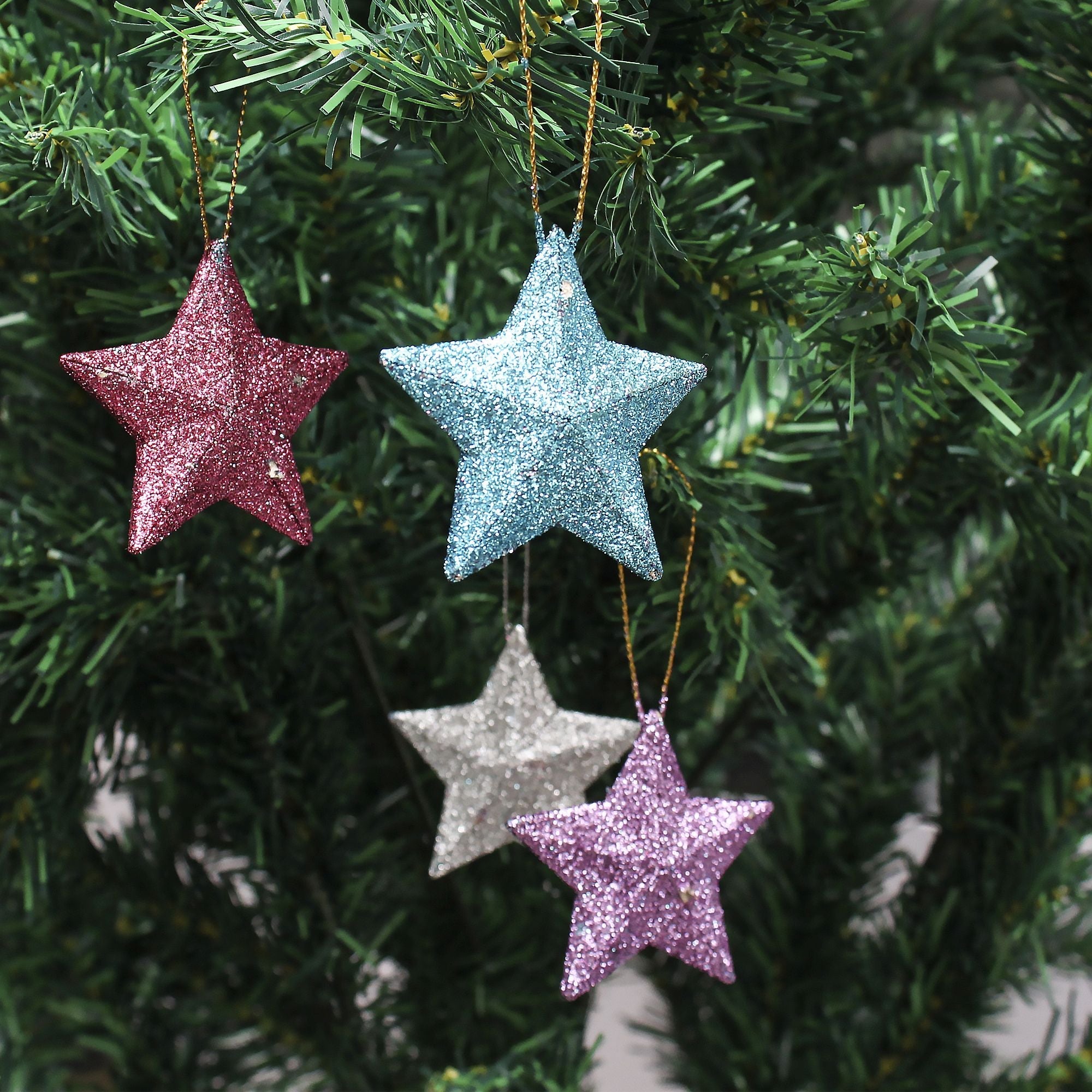 Handmade Christmas Ornaments - 3D Glitter Stars, 2.5inch Assorted Colours- Blue, Purple, Silver, pink, 6pc