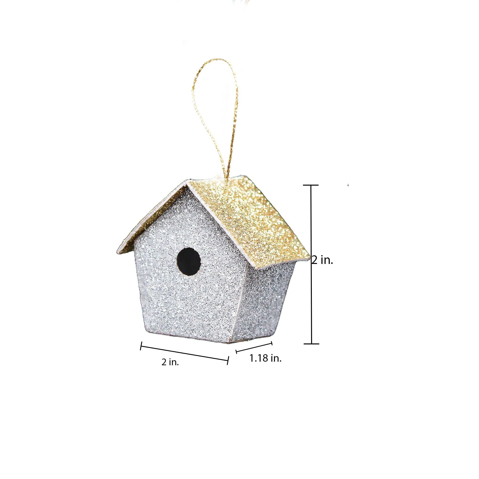Handmade Christmas Ornaments - Glitter Bird house, Height 2 X Width 2 X Length 1.18inch, Silver, 6pc