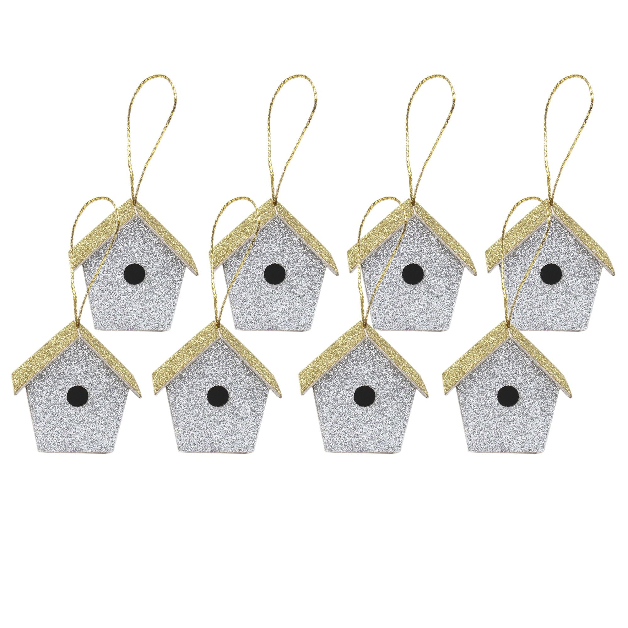 Handmade Christmas Ornaments - Glitter Bird house, Height 1.5 X Width 1.5 X Length 1inch, Silver, 8pc