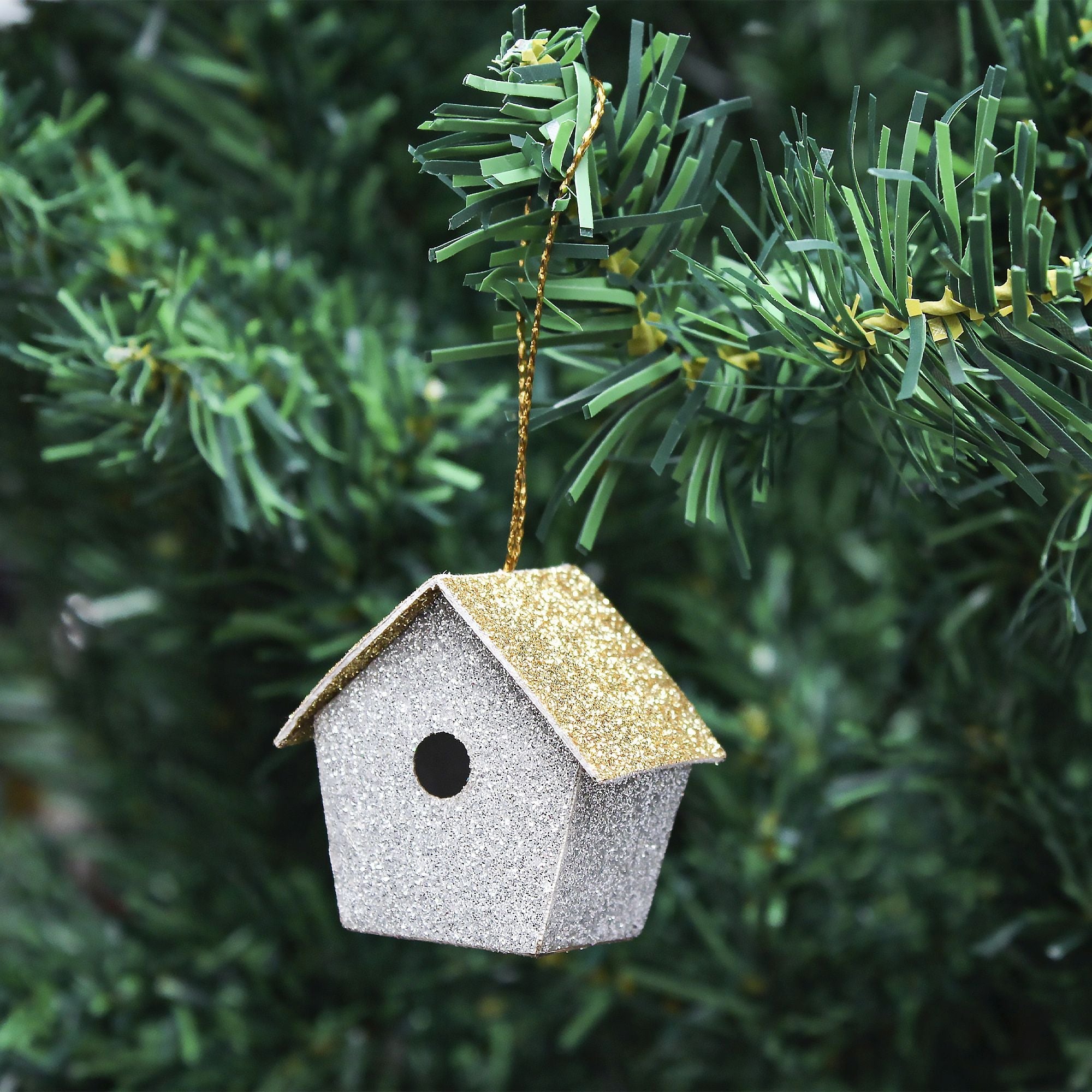 Handmade Christmas Ornaments - Glitter Bird house, Height 1.5 X Width 1.5 X Length 1inch, Silver, 8pc