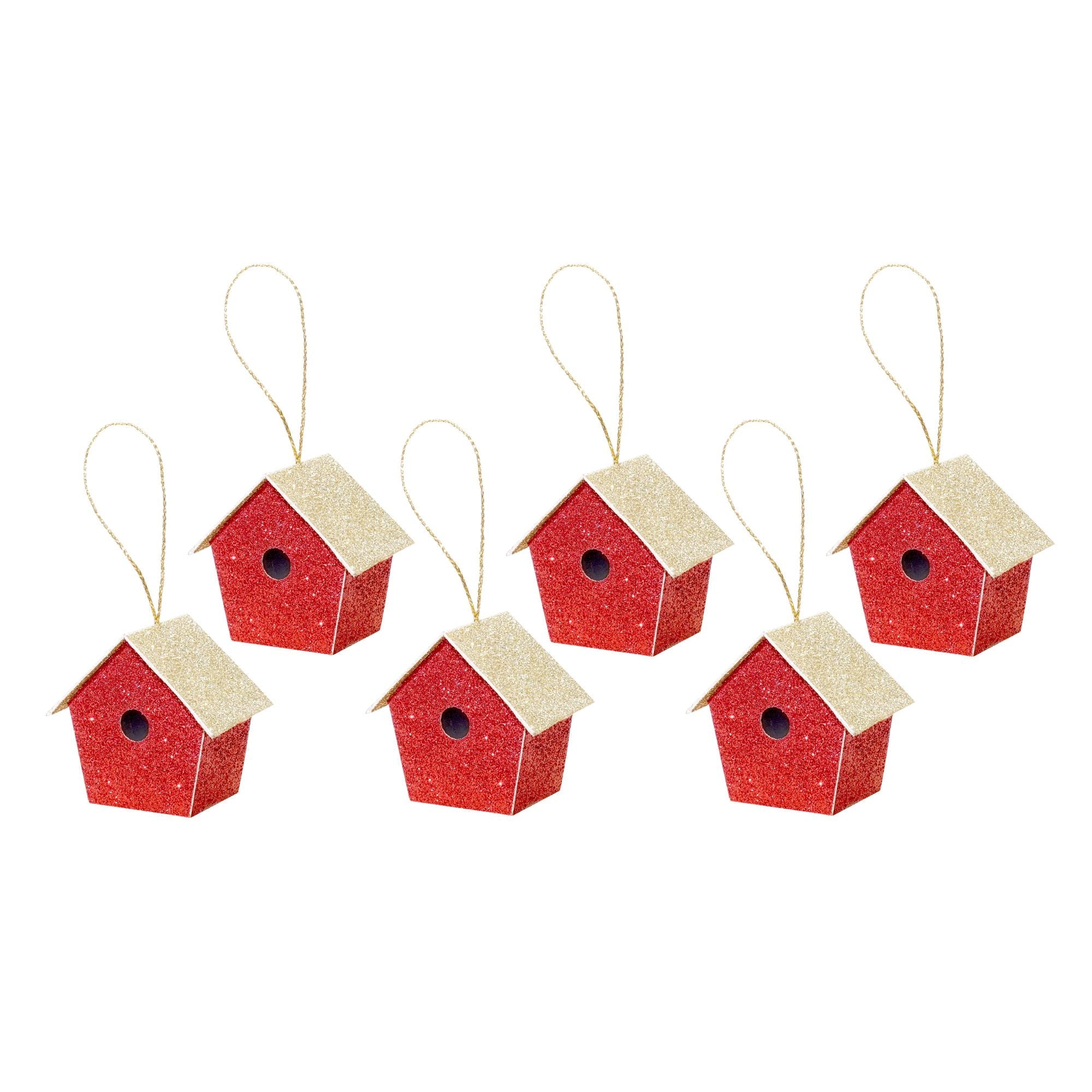 Handmade Christmas Ornaments - Glitter Bird house, Height 2 X Width 2 X Length 1.18inch, Red, 6pc