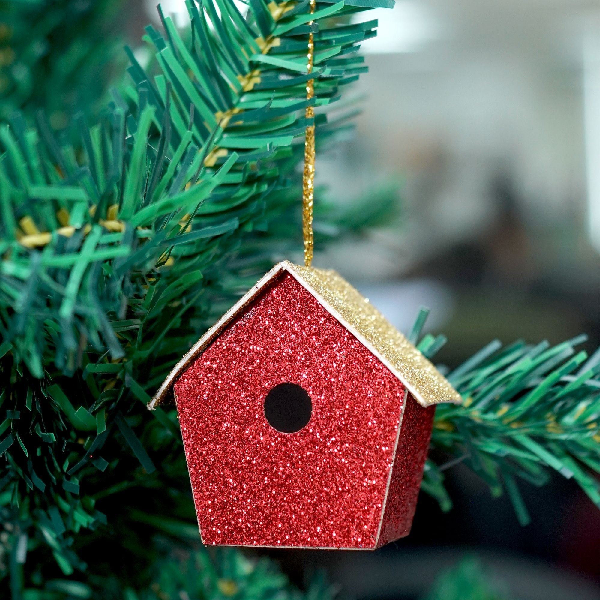 Handmade Christmas Ornaments - Glitter Bird house, Height 2 X Width 2 X Length 1.18inch, Red, 6pc