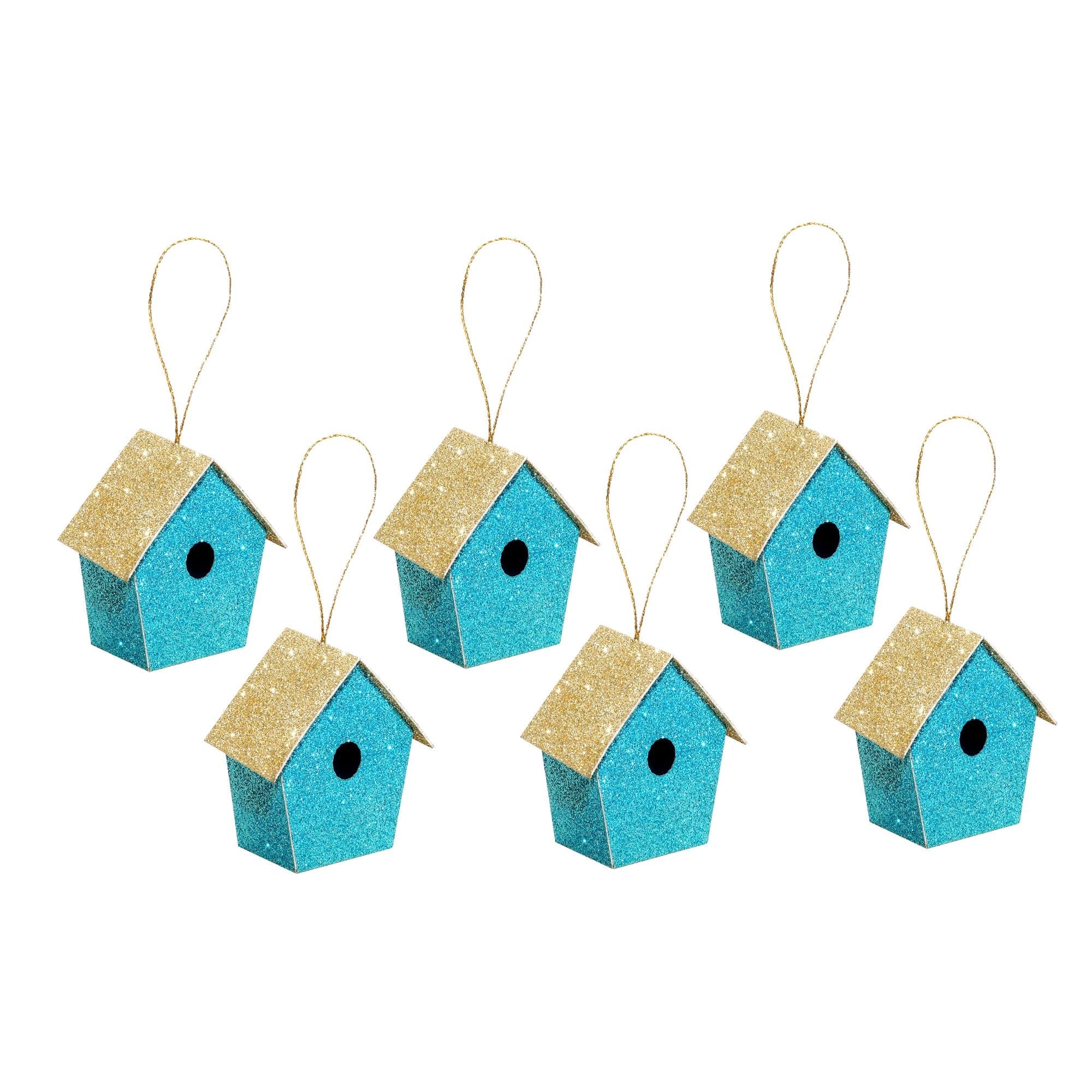 Handmade Christmas Ornaments - Glitter Bird house, Height 2 X Width 2 X Length 1.18inch, Blue, 6pc