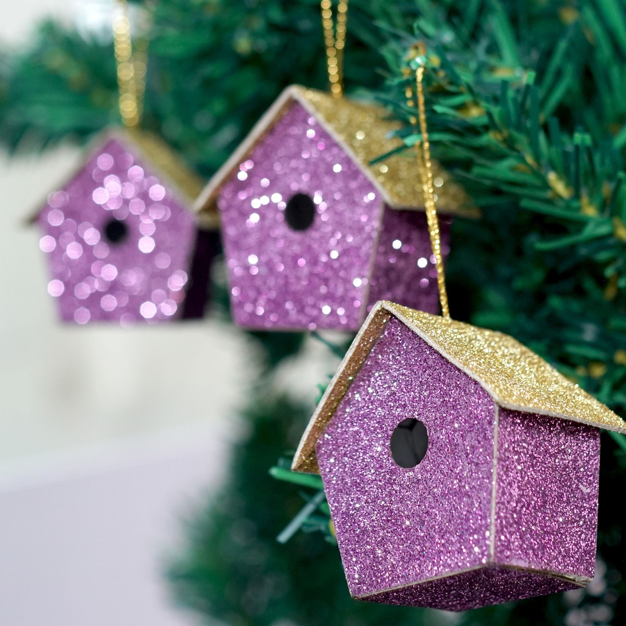 Handmade Christmas Ornaments - Glitter Bird house, Height 2.5 X Width 2.5 X Length1.5inch, Purple, 4pc