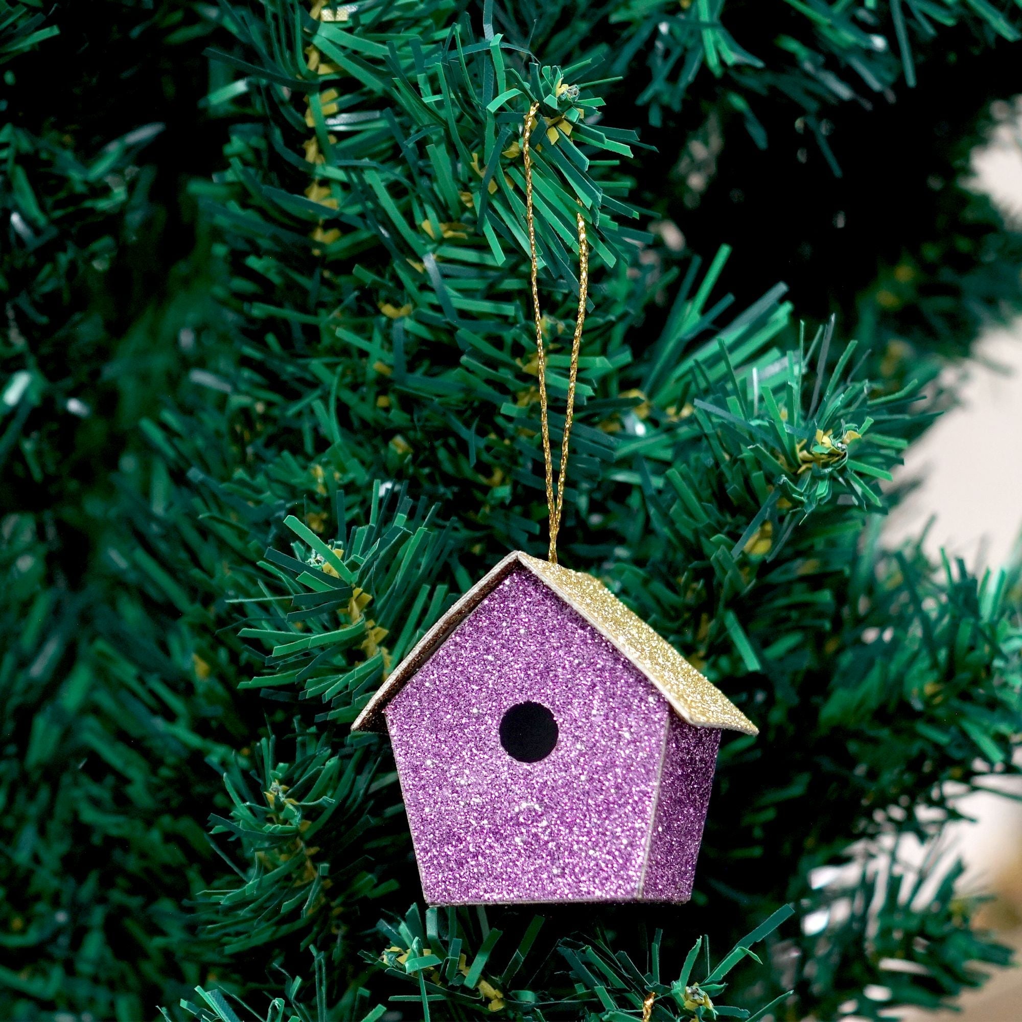 Handmade Christmas Ornaments - Glitter Bird house, Height 1.5 X Width 1.5 X Length1inch, Purple, 8pc