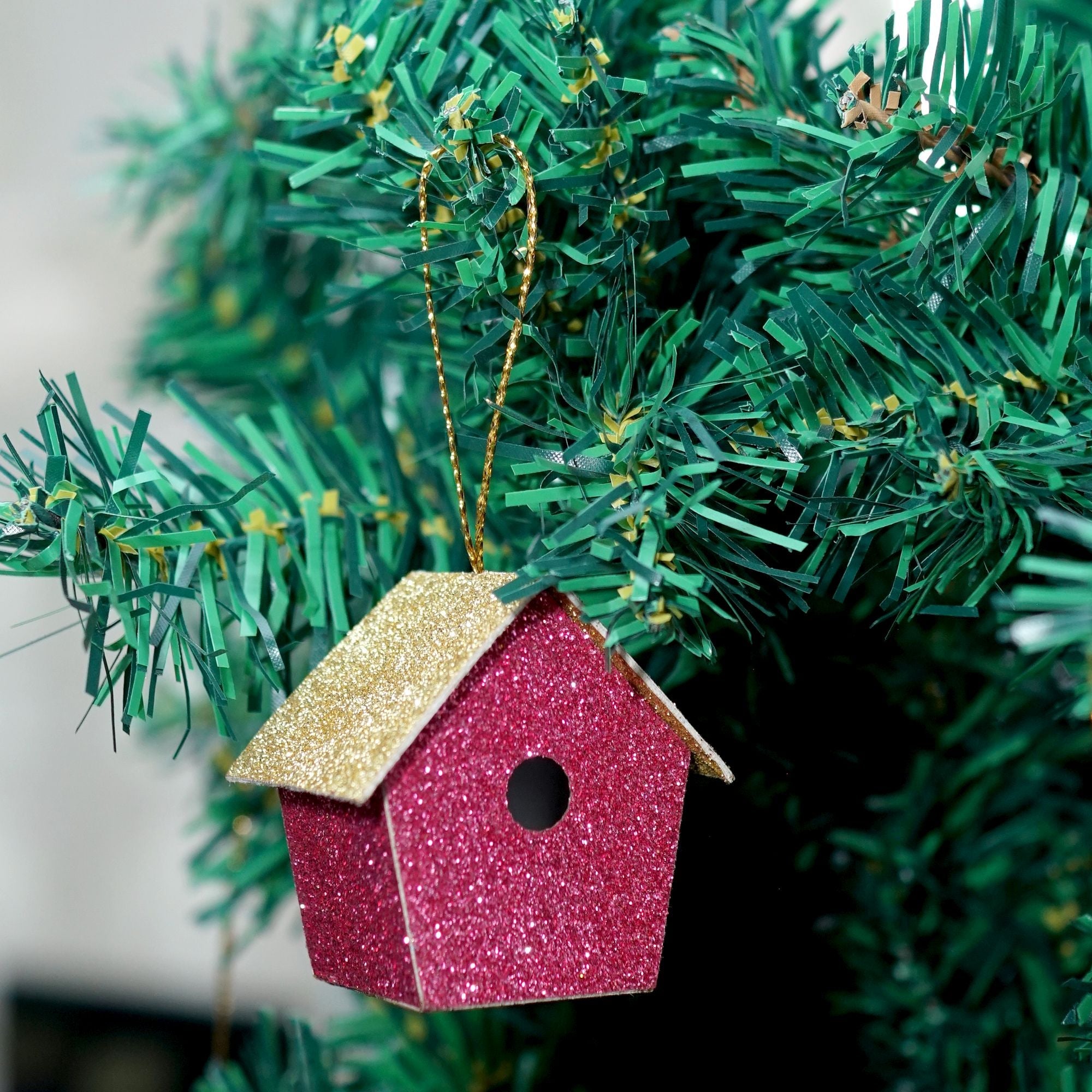 Handmade Christmas Ornaments - Glitter Bird house, Height 2.5 X Width 2.5 X Length1.5inch, Pink, 4pc