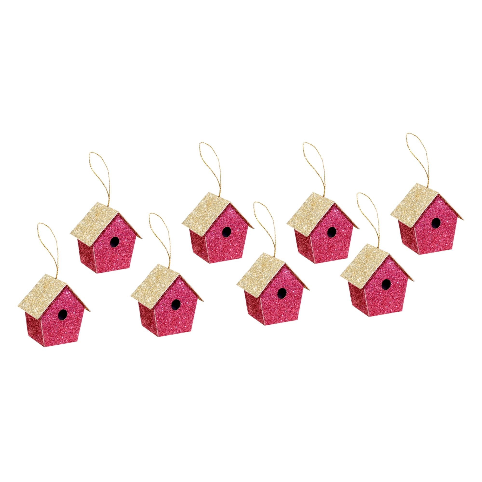 Handmade Christmas Ornaments - Glitter Bird house, Height 1.5 X Width 1.5 X Length1inch, Pink, 8pc