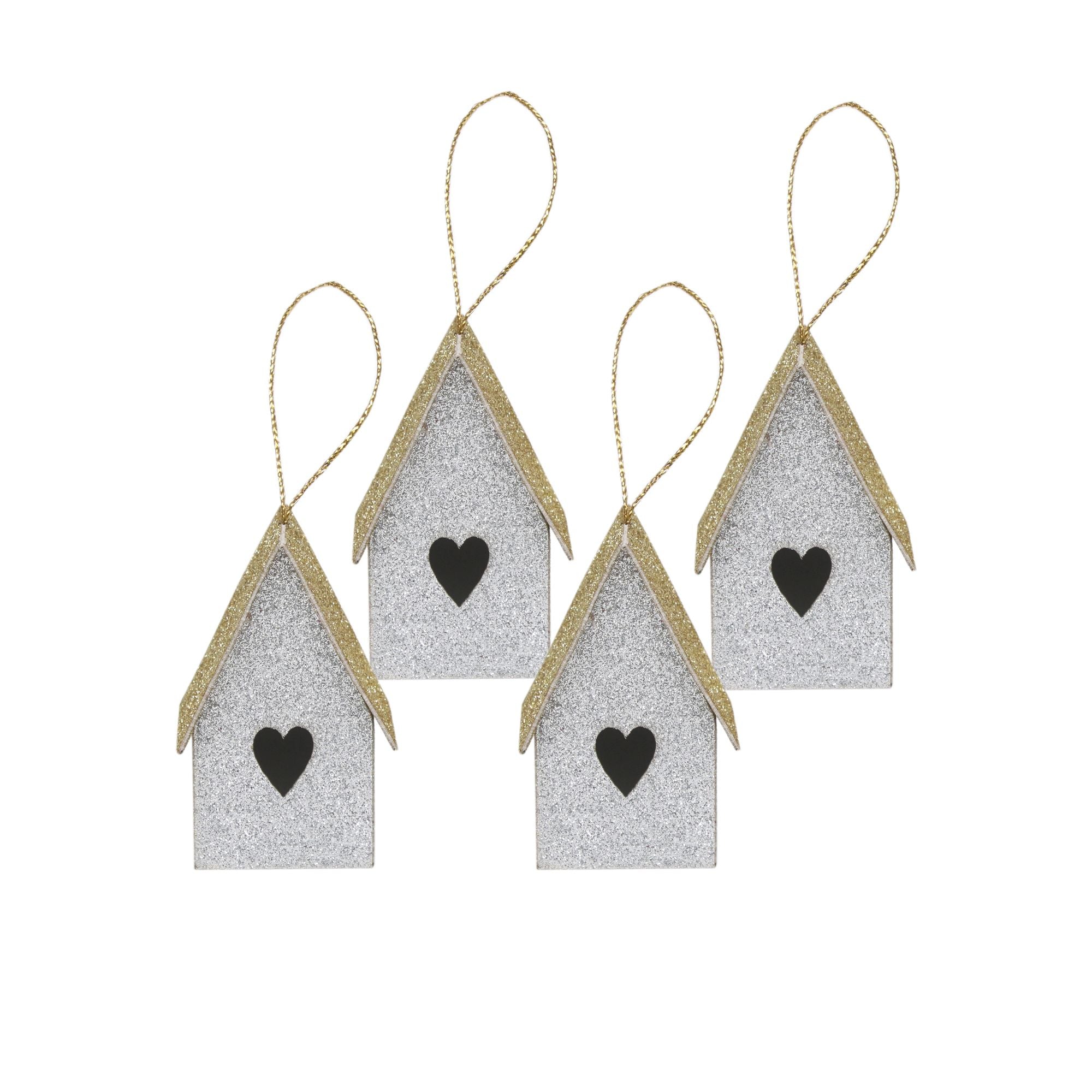 Handmade Christmas Ornaments - Glitter Bird house, Height 2.5 X Width 2.5 X Length 1.5inch, Silver, 4pc