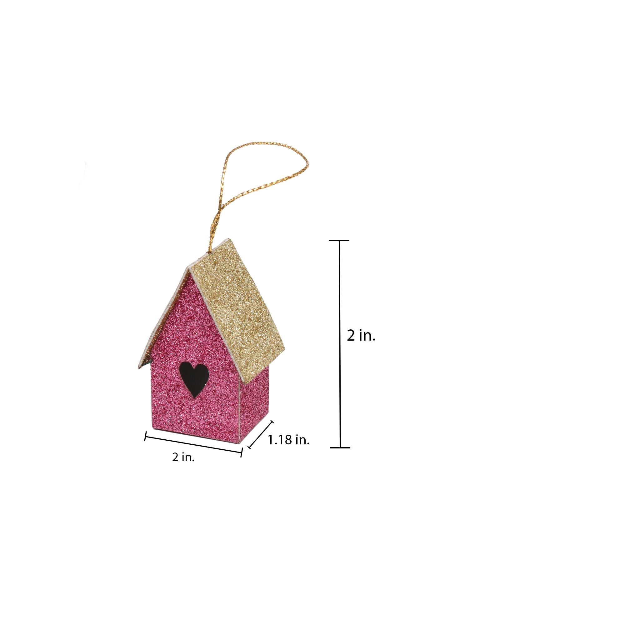 Handmade Christmas Ornaments - Glitter Bird house Height 2 X Width2 X Length1.18inch, Pink, 6pc