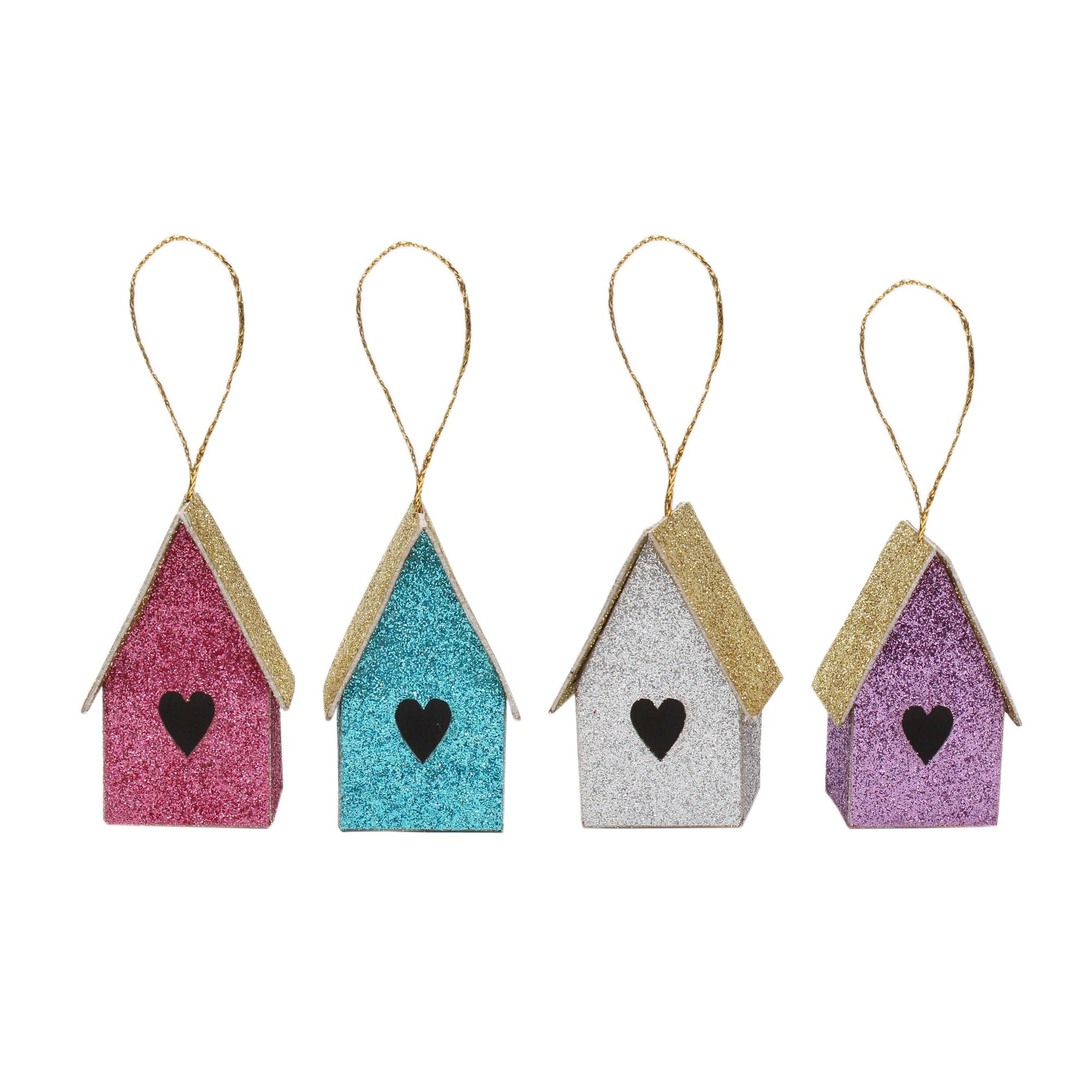 Handmade Christmas Ornaments - Glitter Bird house H 2.5 X W 2.5 X L 1.5inch, Assorted Colours - Blue, Purple, Silver, Pink, 4pc
