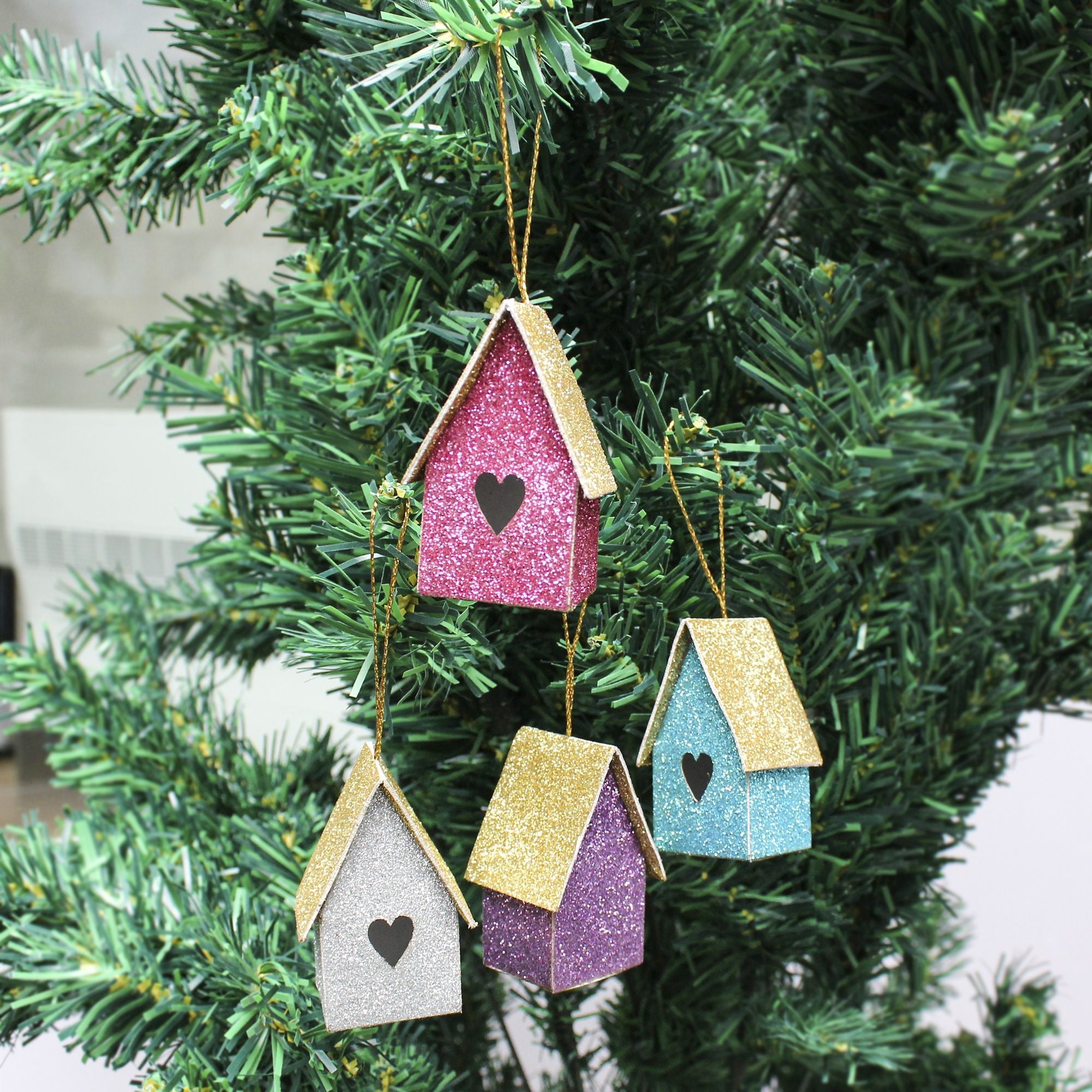 Handmade Christmas Ornaments - Glitter Bird house H 2.5 X W 2.5 X L 1.5inch, Assorted Colours - Blue, Purple, Silver, Pink, 4pc