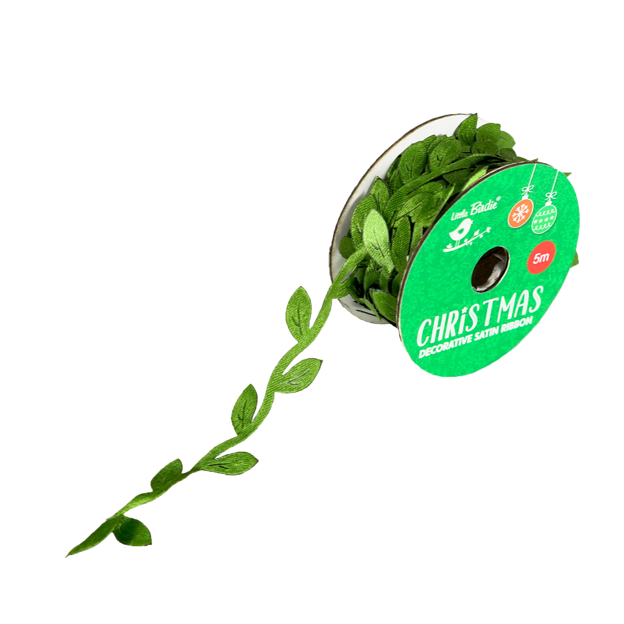 Christmas Decorative Satin Ribbon - Green Leaf, 5mtr