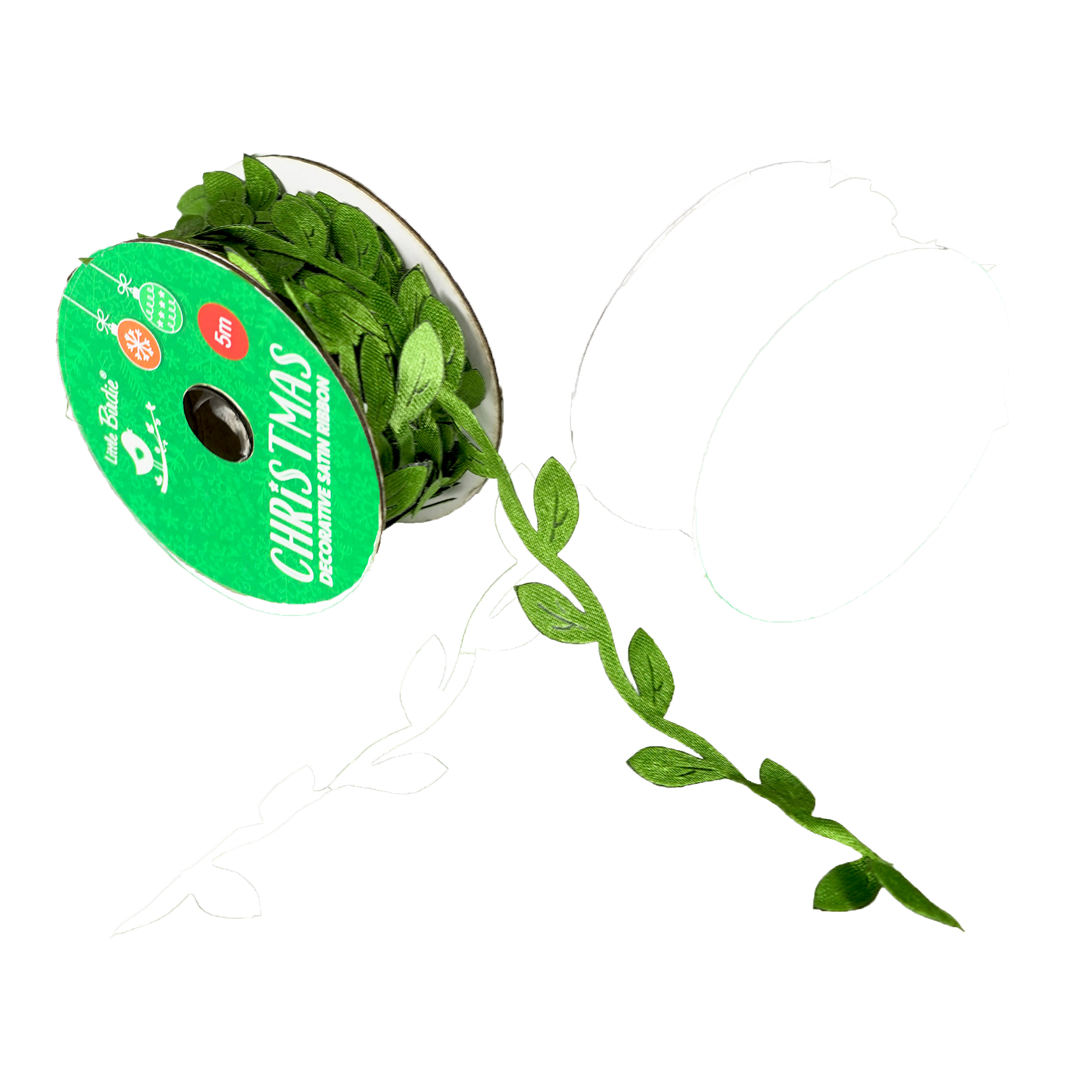 Christmas Decorative Satin Ribbon - Green Leaf, 5mtr